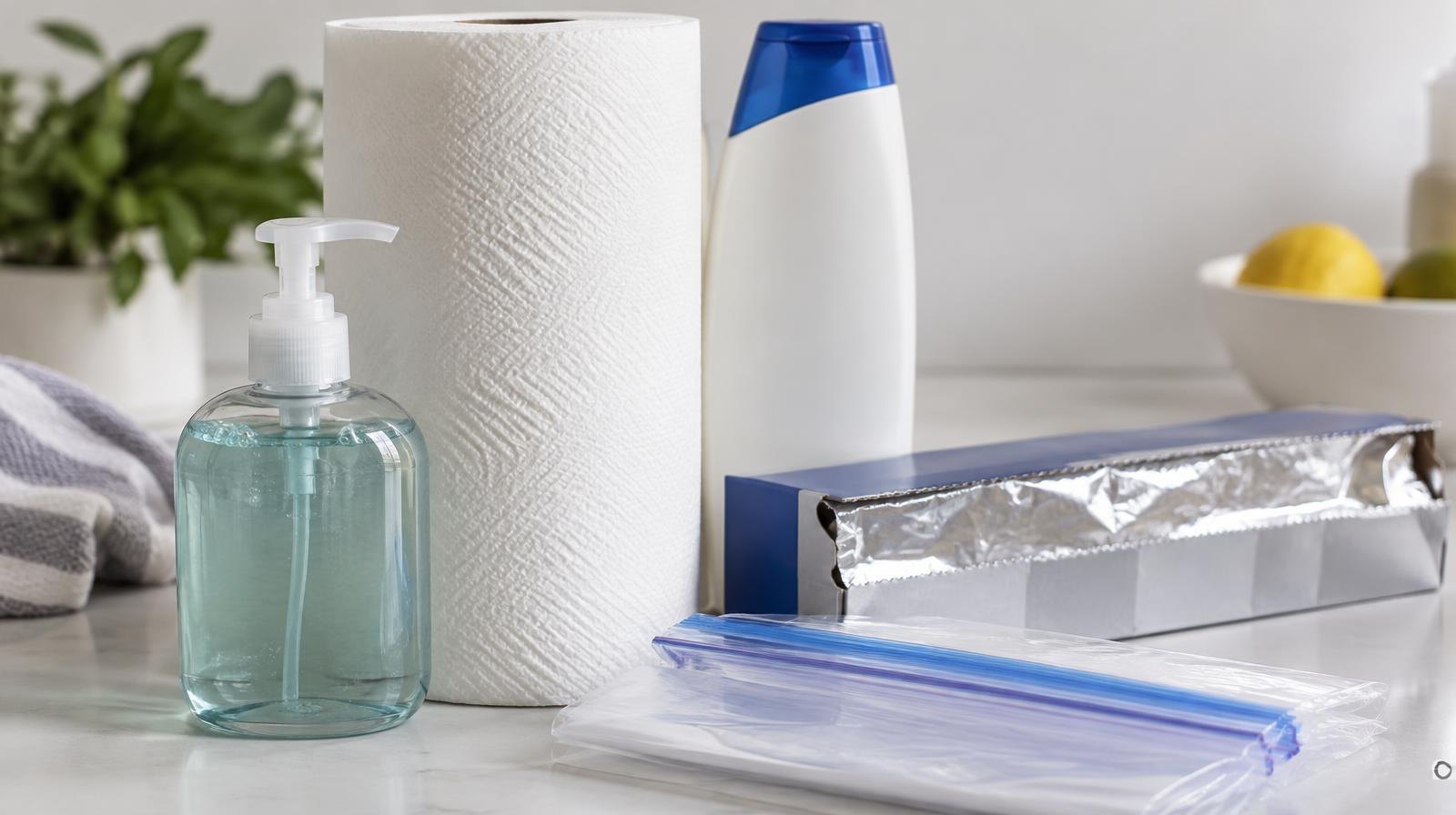 Paper towels, soap, shampoo, aluminum foil, and food storage bags arranged on a surface.