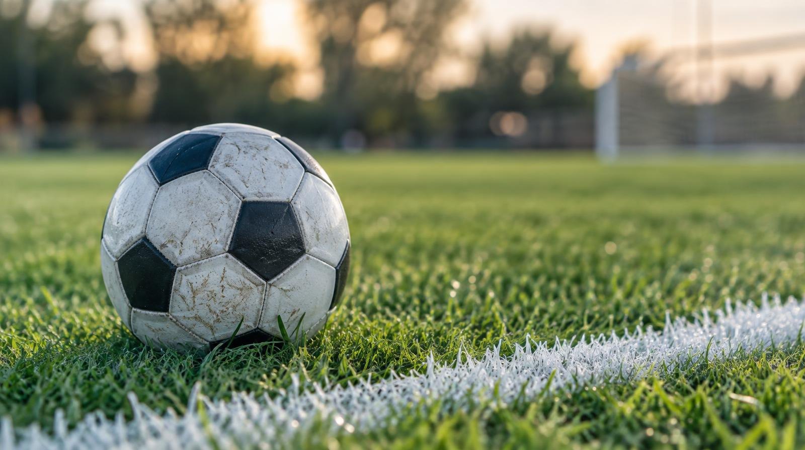 A black-and-white soccer ball resting on a grass field near a white sideline.