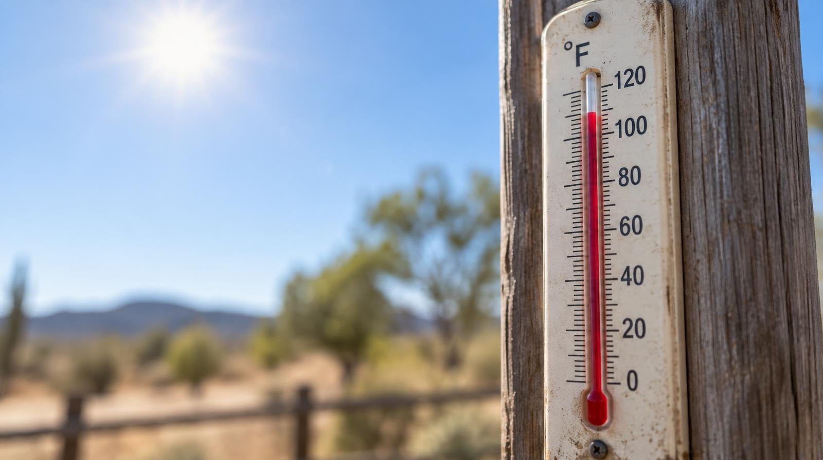 Close-up of an outdoor thermometer showing a temperature above 100 degrees.