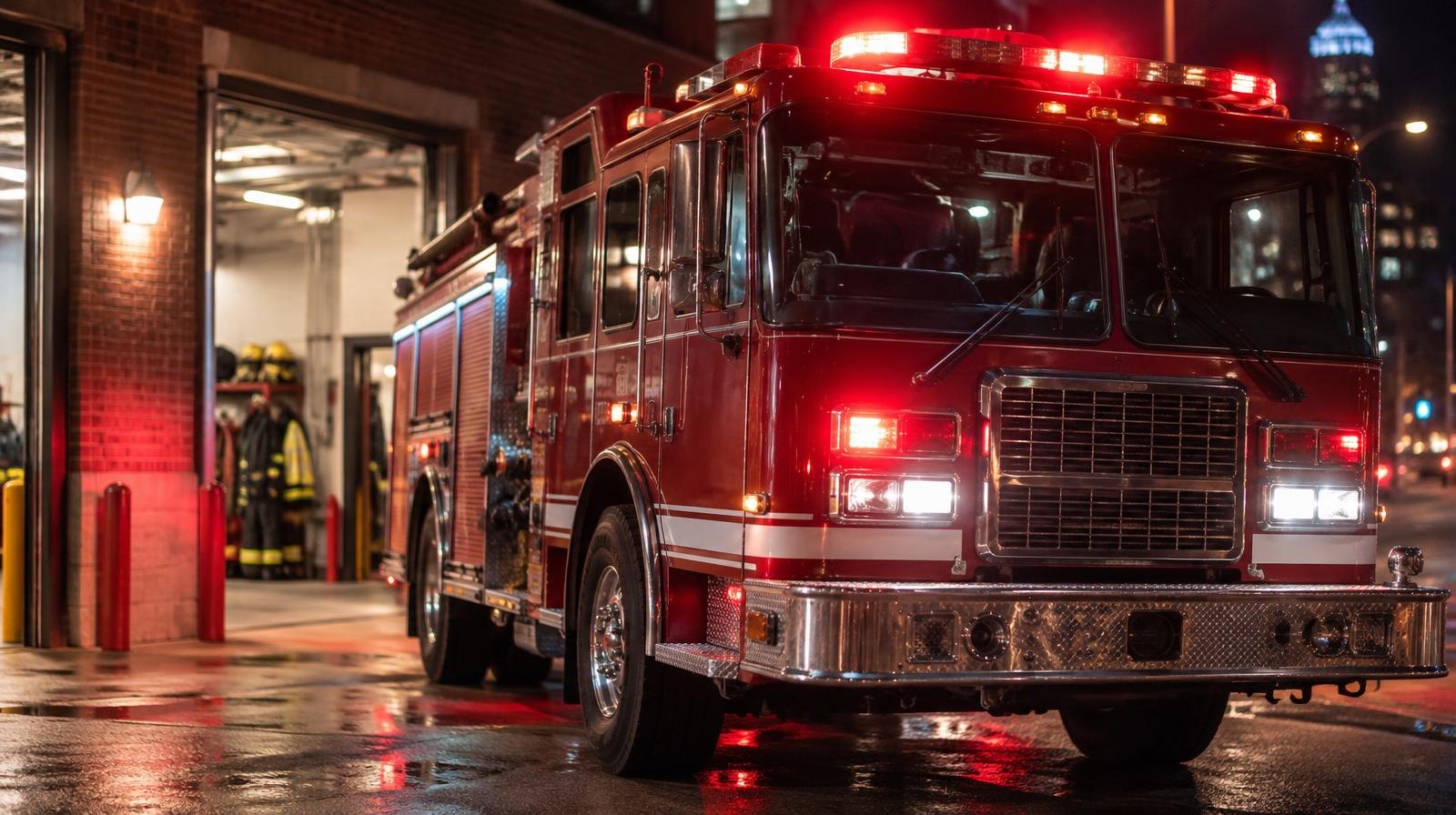 Red fire engine with flashing emergency lights parked outside a fire station at night.