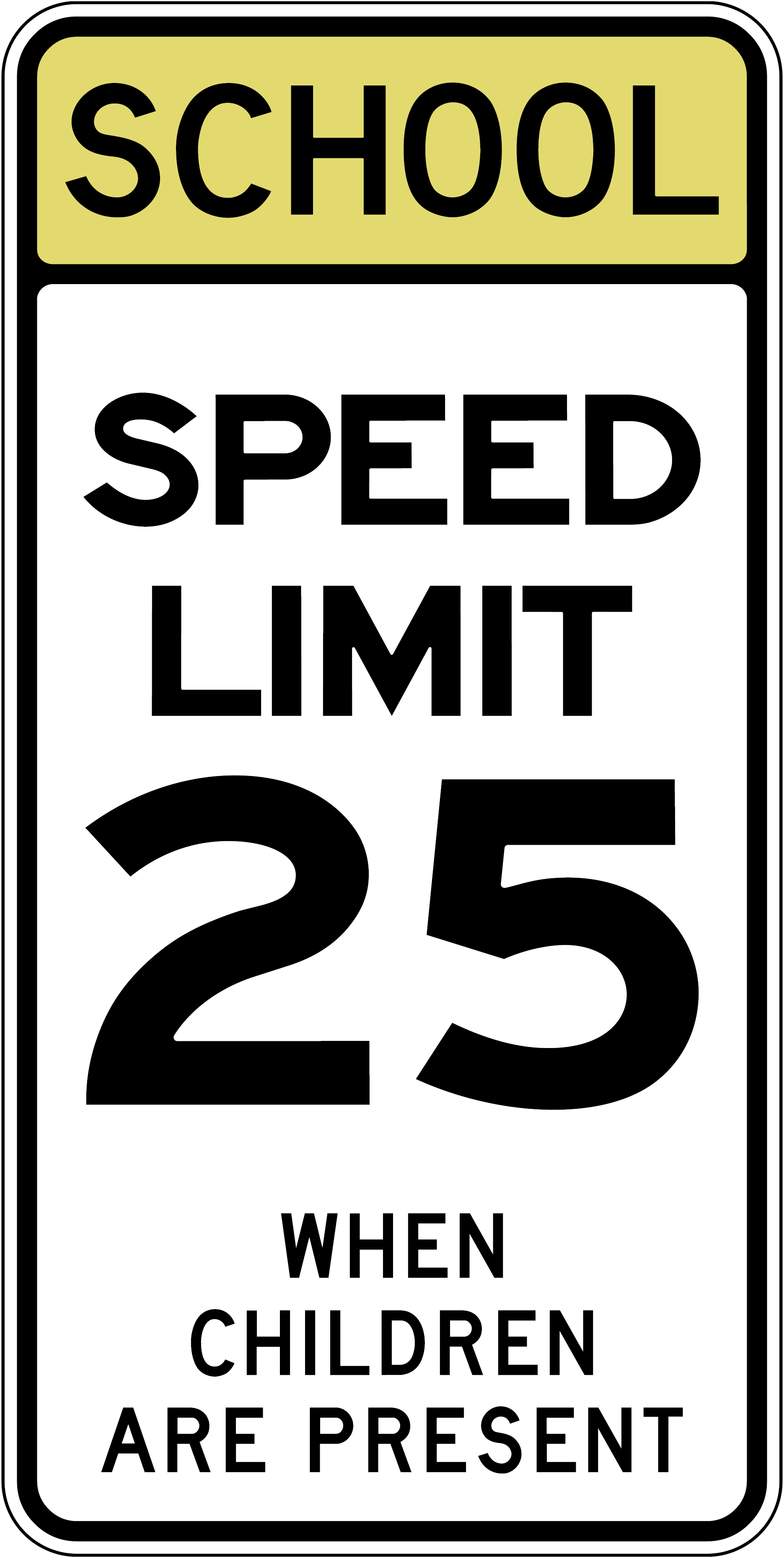 School speed limit sign reading 25 mph when children are present.