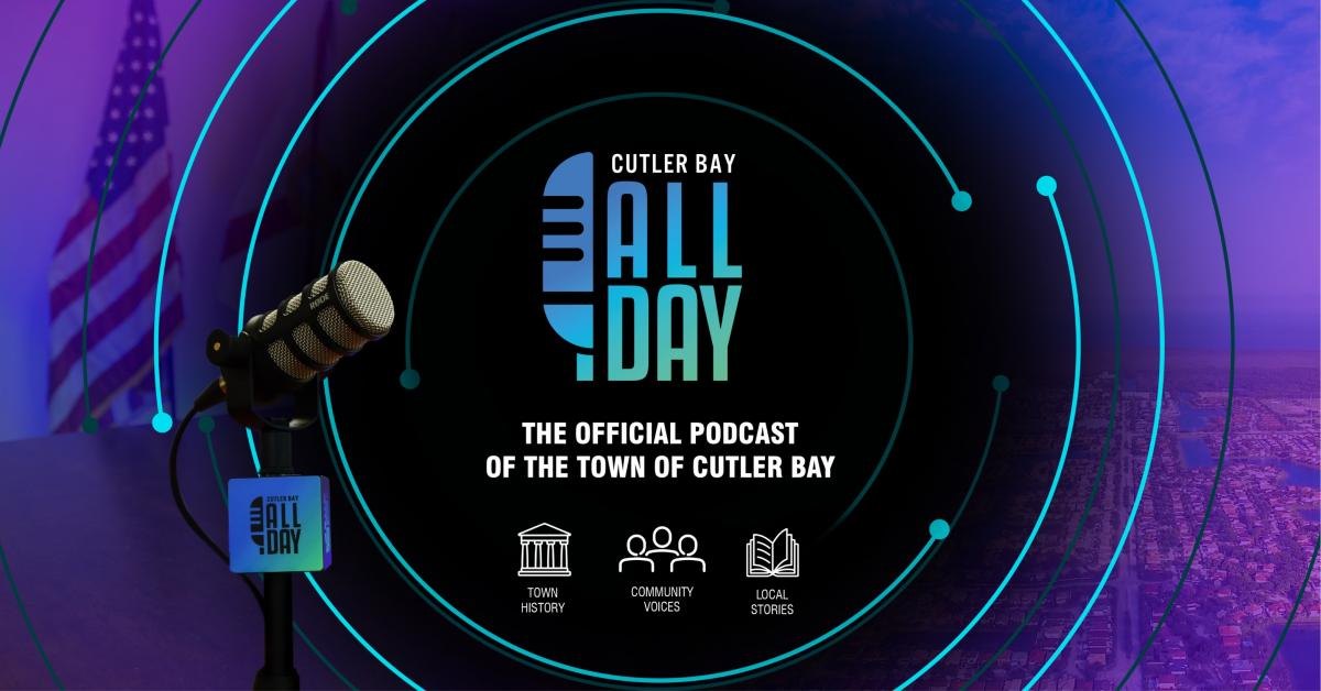 Promotional graphic for Cutler Bay All Day podcast featuring a microphone and neon circular design.
