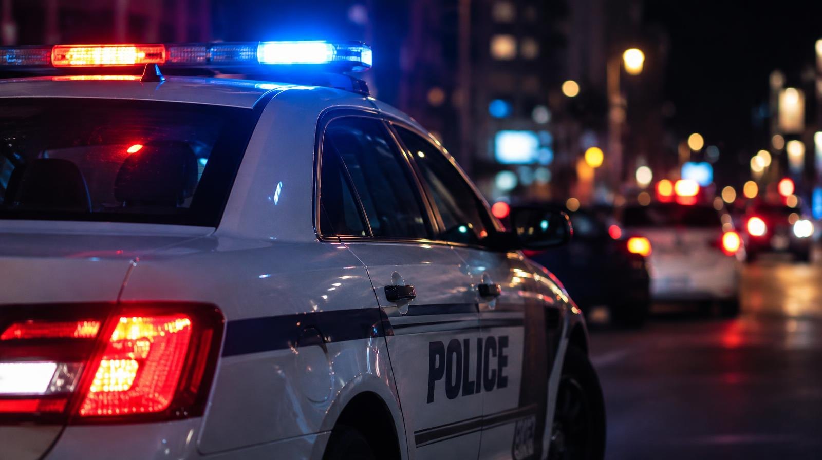 A police patrol car with red and blue emergency lights on at night.