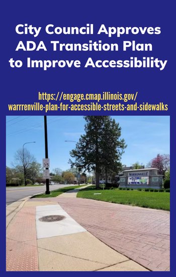 Flyer announcing city council approval of an ADA transition plan with a sidewalk photo.