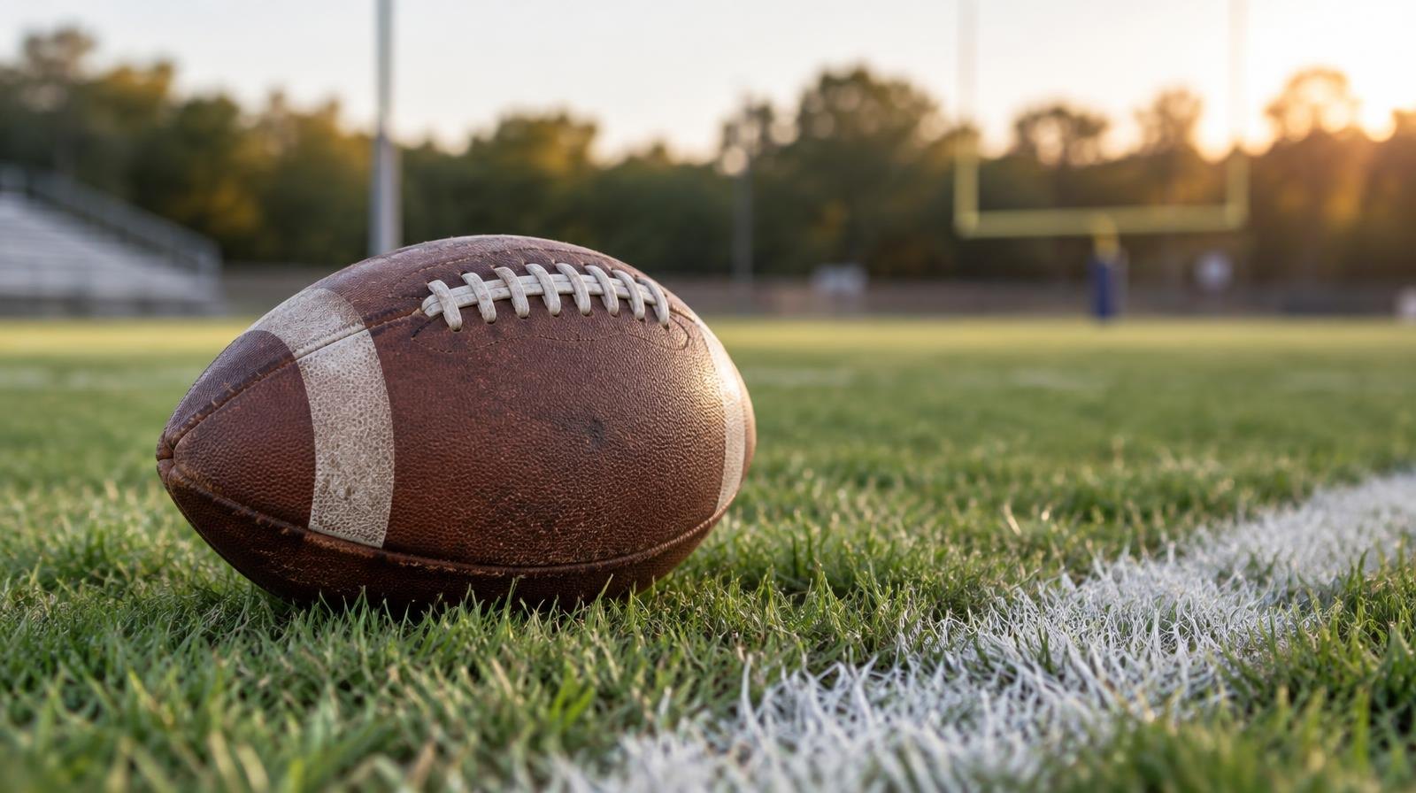 A football resting on green grass beside a white painted yard line.