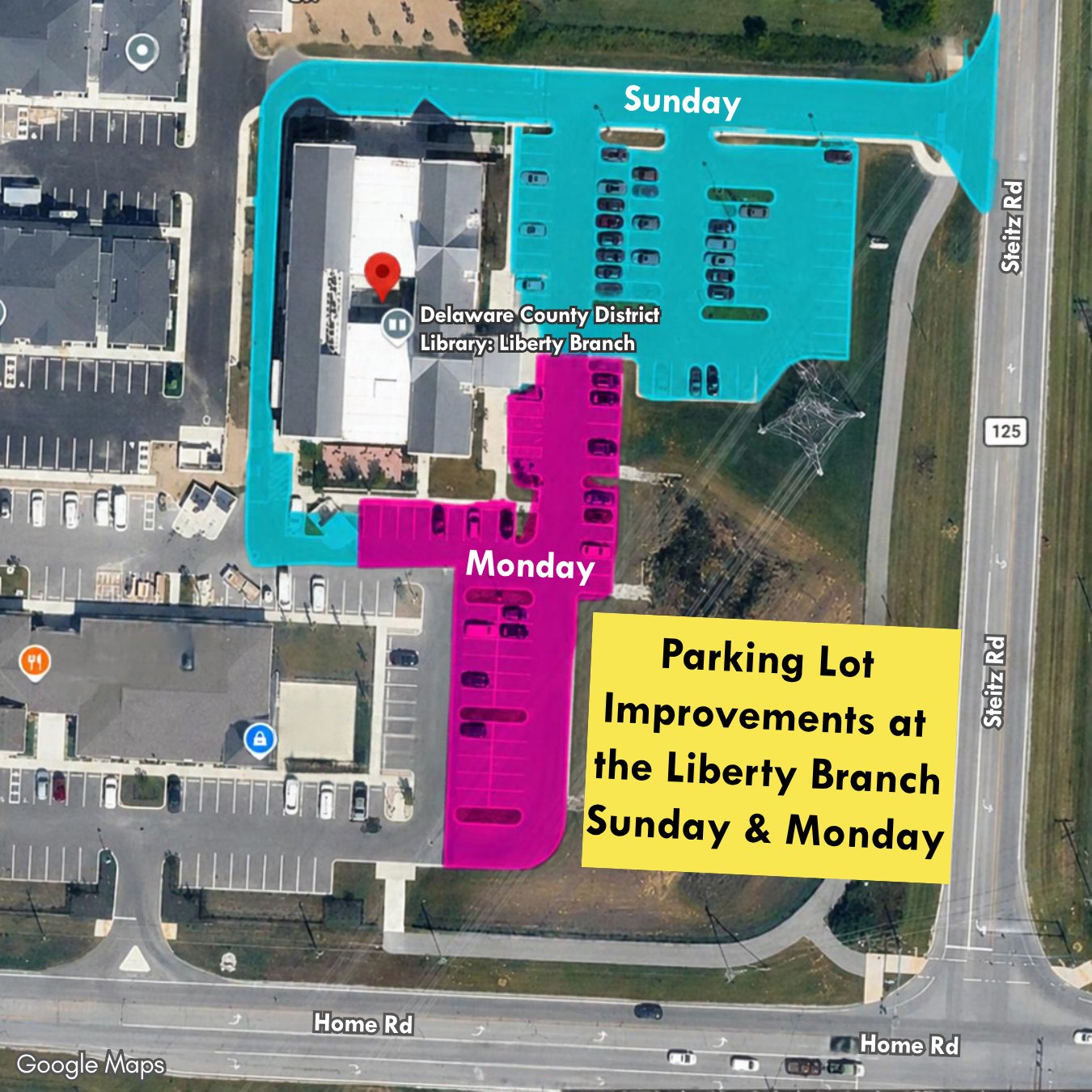 Aerial map of a library parking lot with color-coded Sunday and Monday closure zones.