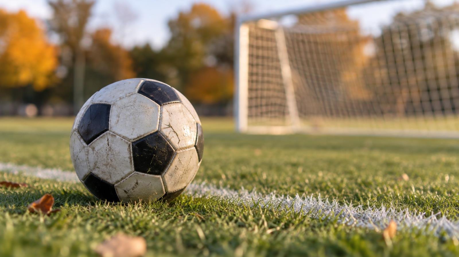 A soccer ball resting on green grass near a painted white sideline with a goal net blurred in the background.