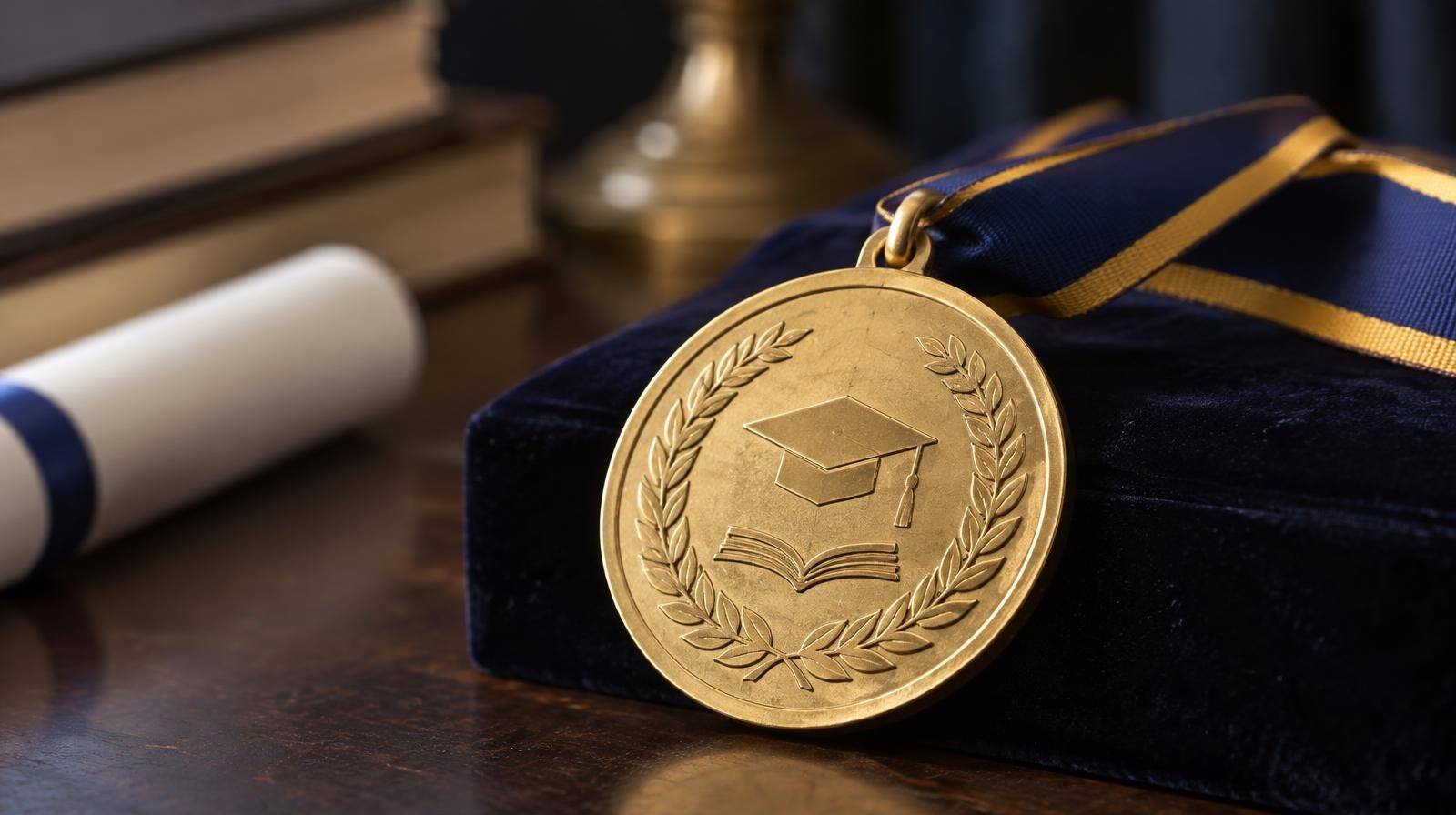 A gold engraved medallion on a dark velvet surface.