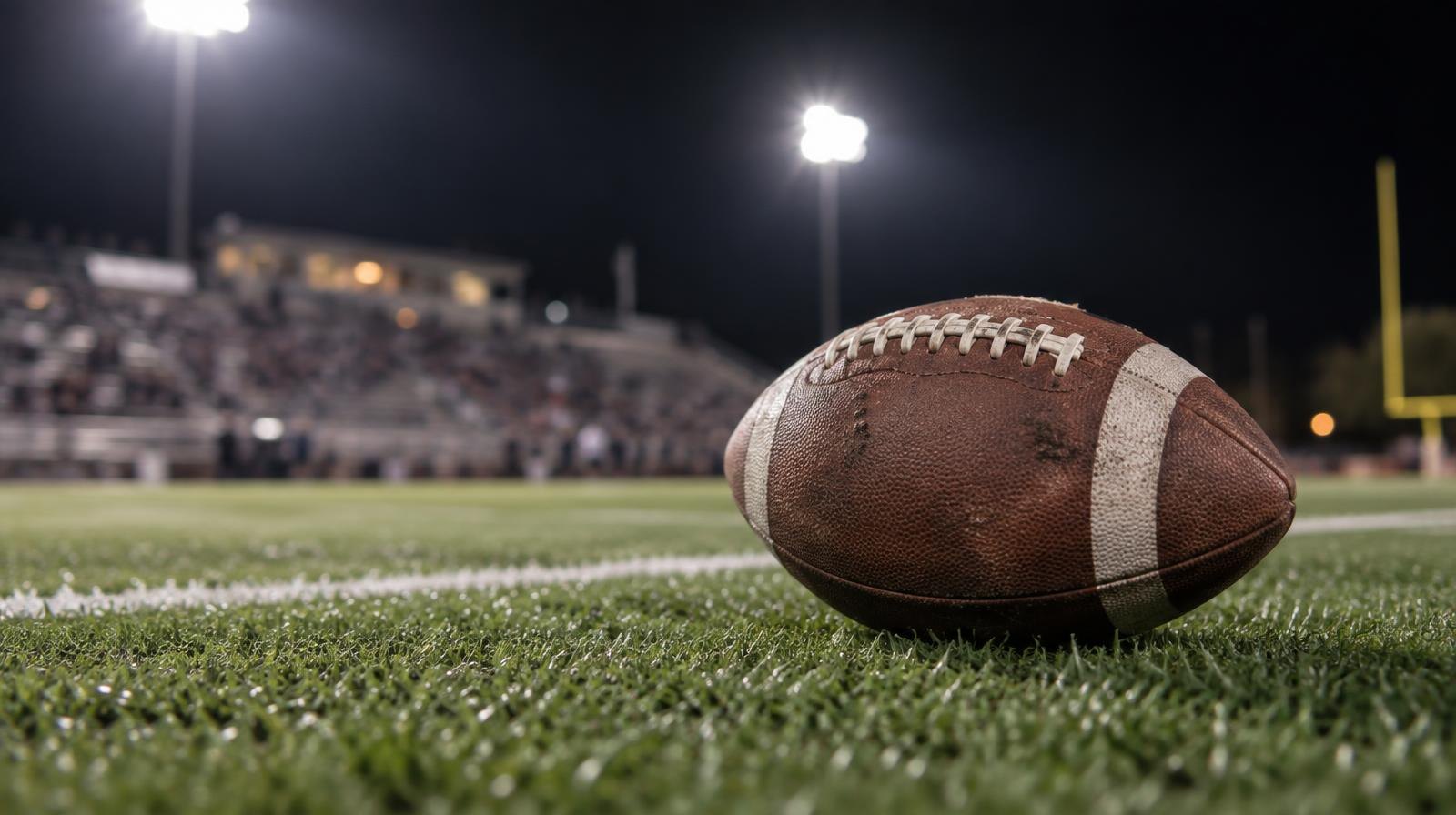 A football resting on green artificial turf under bright stadium lights at night.