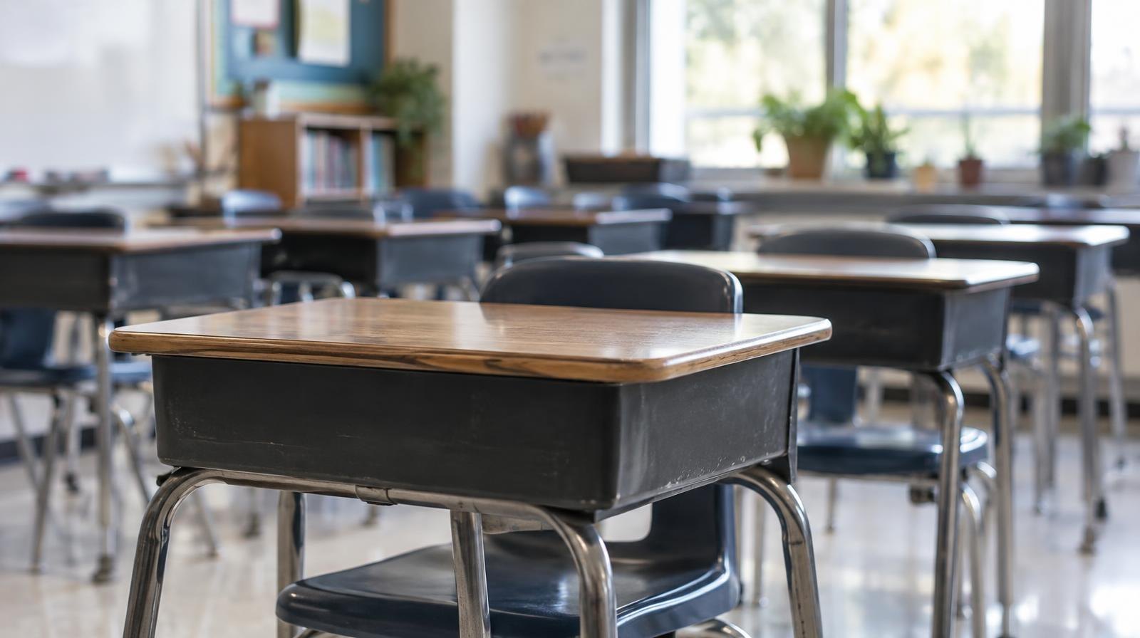 Rows of empty student desks and chairs in a bright classroom with large windows.