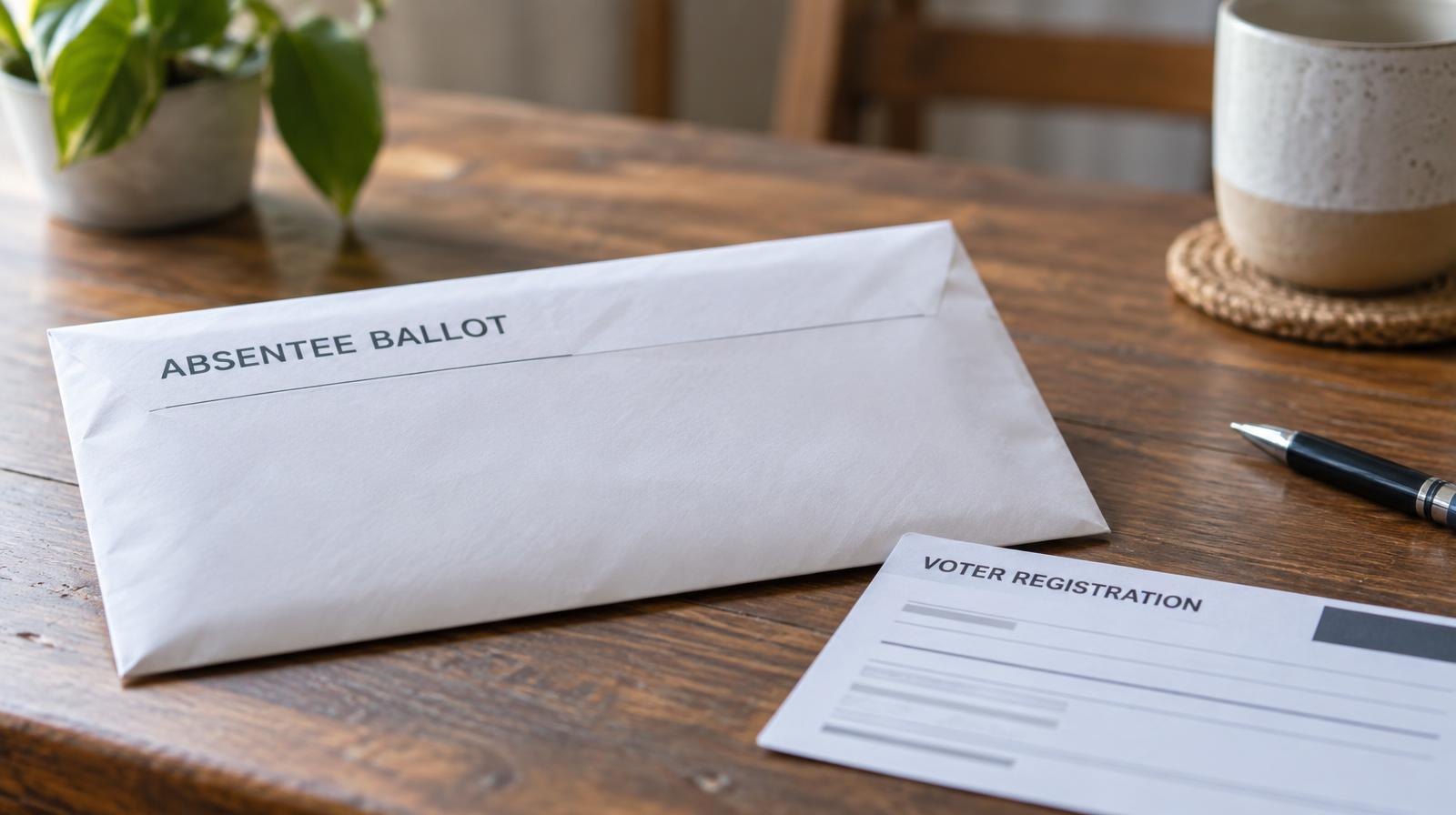 A sealed envelope and a voter registration card resting on a wooden surface.
