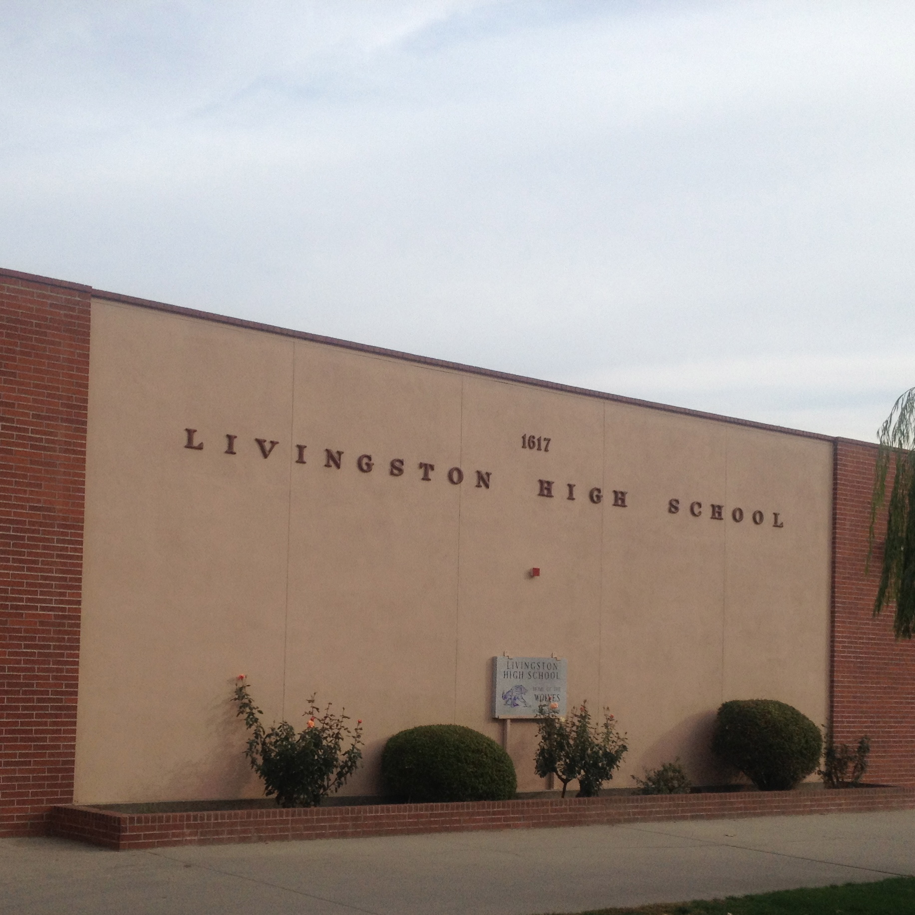 Exterior entrance wall of a school building with the name Livingston High School displayed.