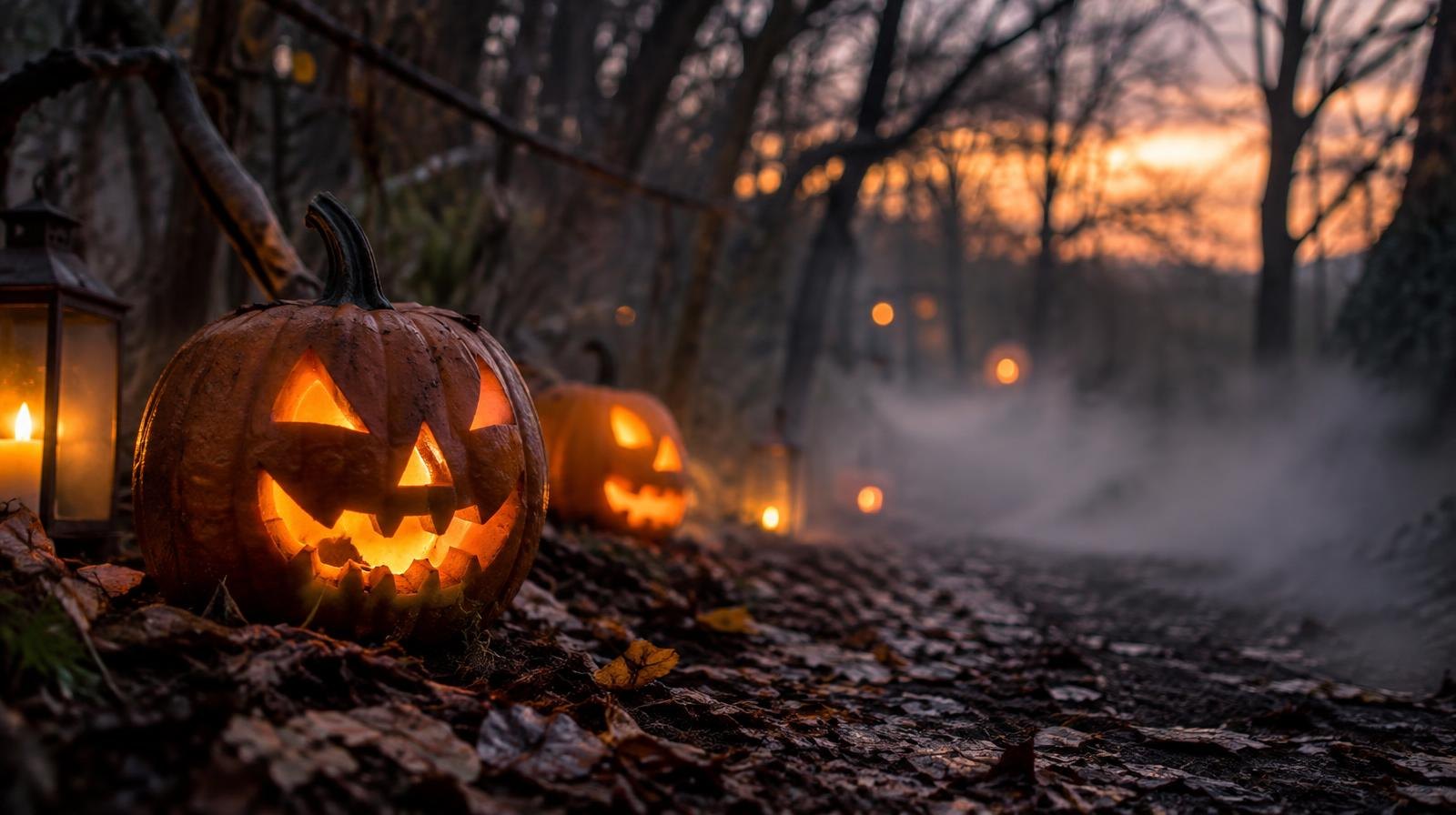 Misty wooded trail at dusk lined with glowing jack-o'-lanterns and bare twisted branches.