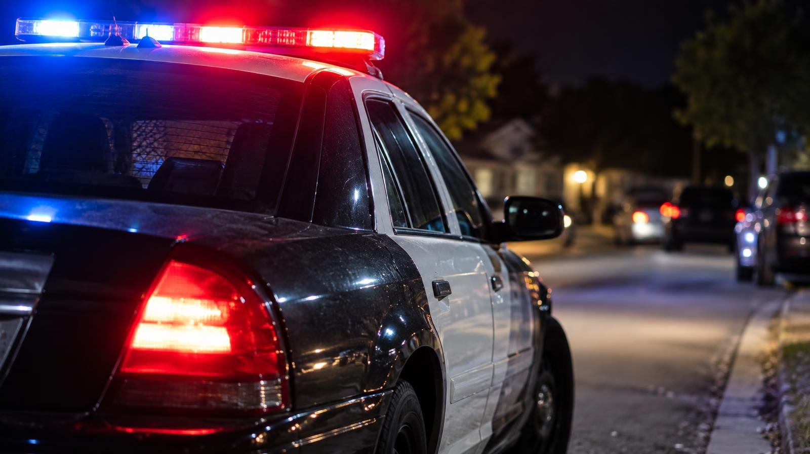 Police patrol car with red and blue emergency lights on at night.