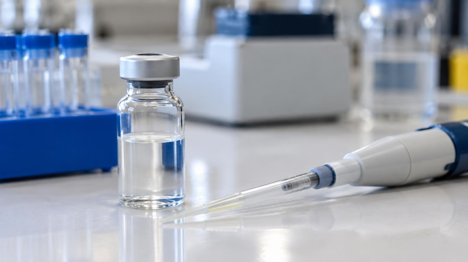 A clear glass vial and pipette resting on a white laboratory bench.