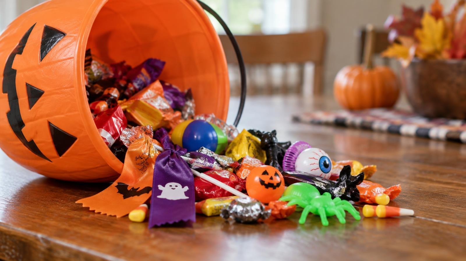 Orange pumpkin bucket overflowing with Halloween candy, toys, and prize ribbons