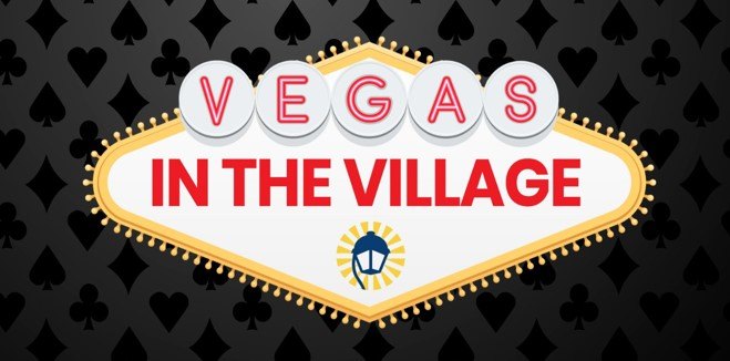 Vegas in the Village event logo with a Las Vegas-style marquee sign and card suit symbols.