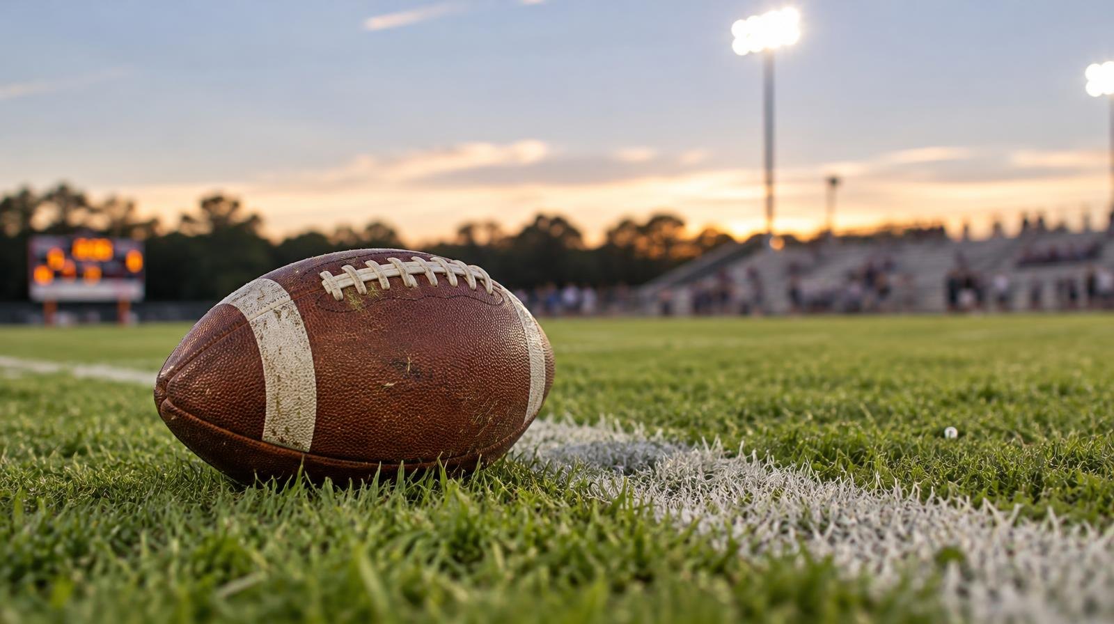 An American football resting on green grass next to a white yard line.
