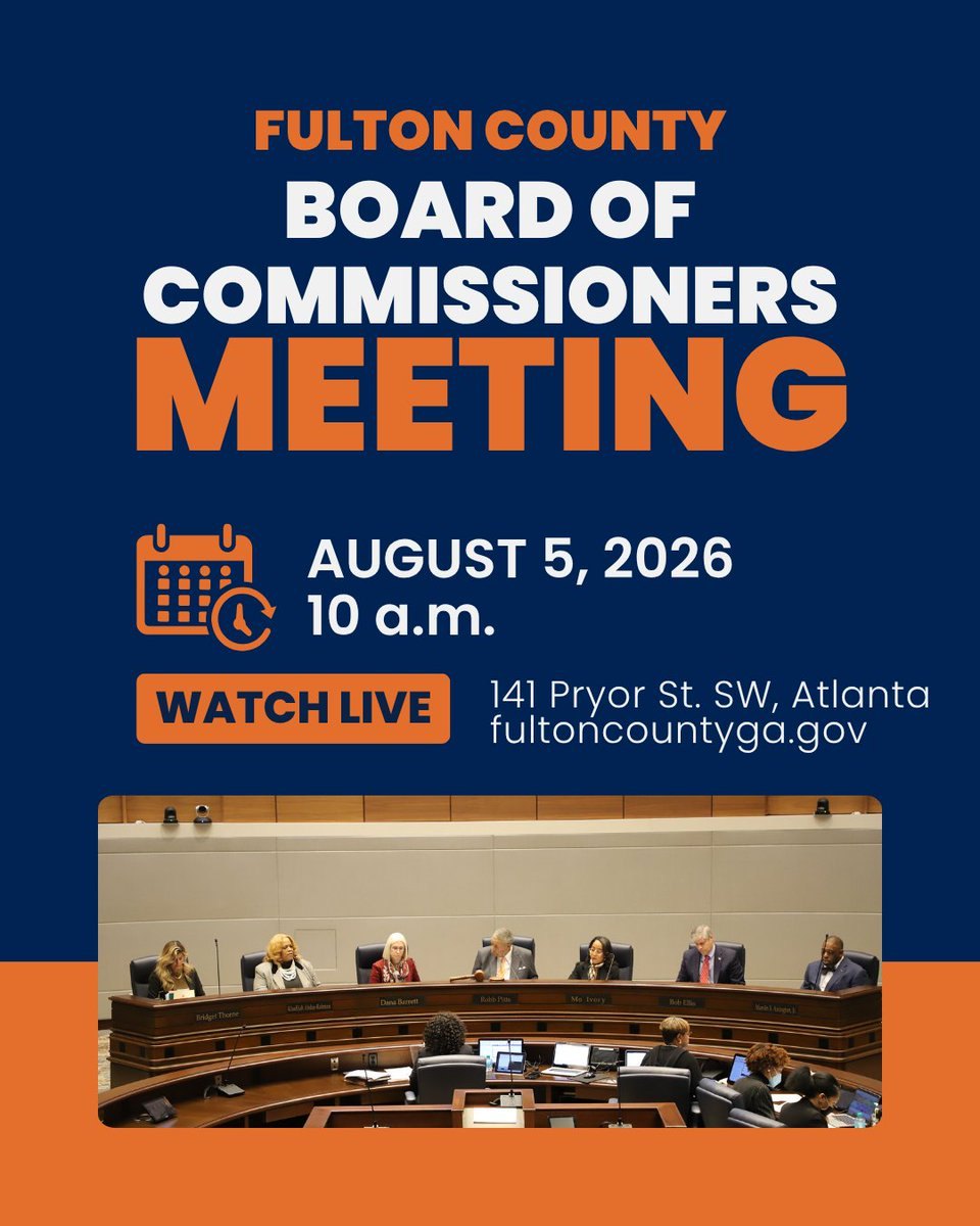 Graphic announcing a county commissioners meeting with a photo of officials seated at a dais.