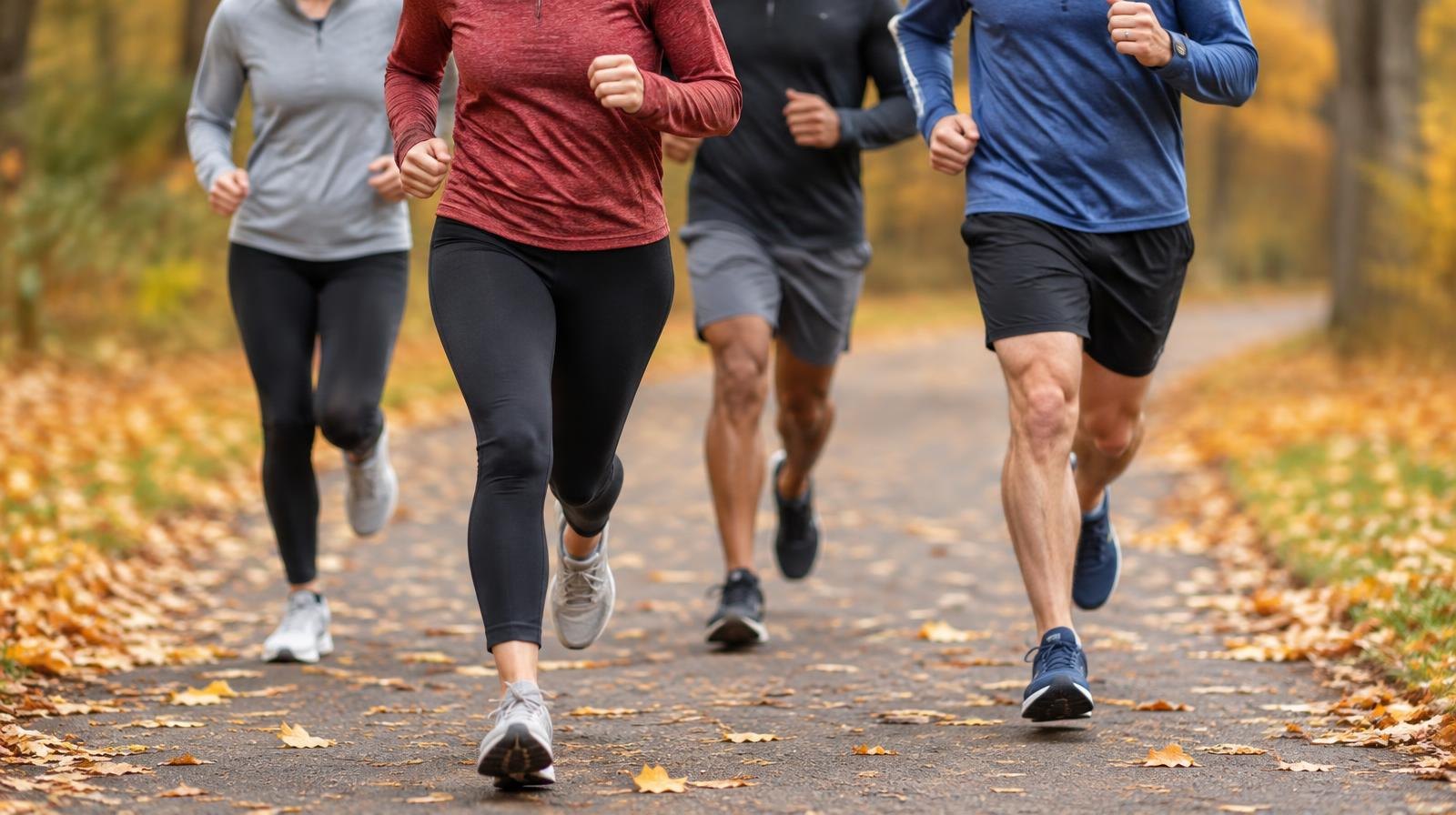 Runners in athletic gear jog along a leaf-lined paved path in an autumn park.