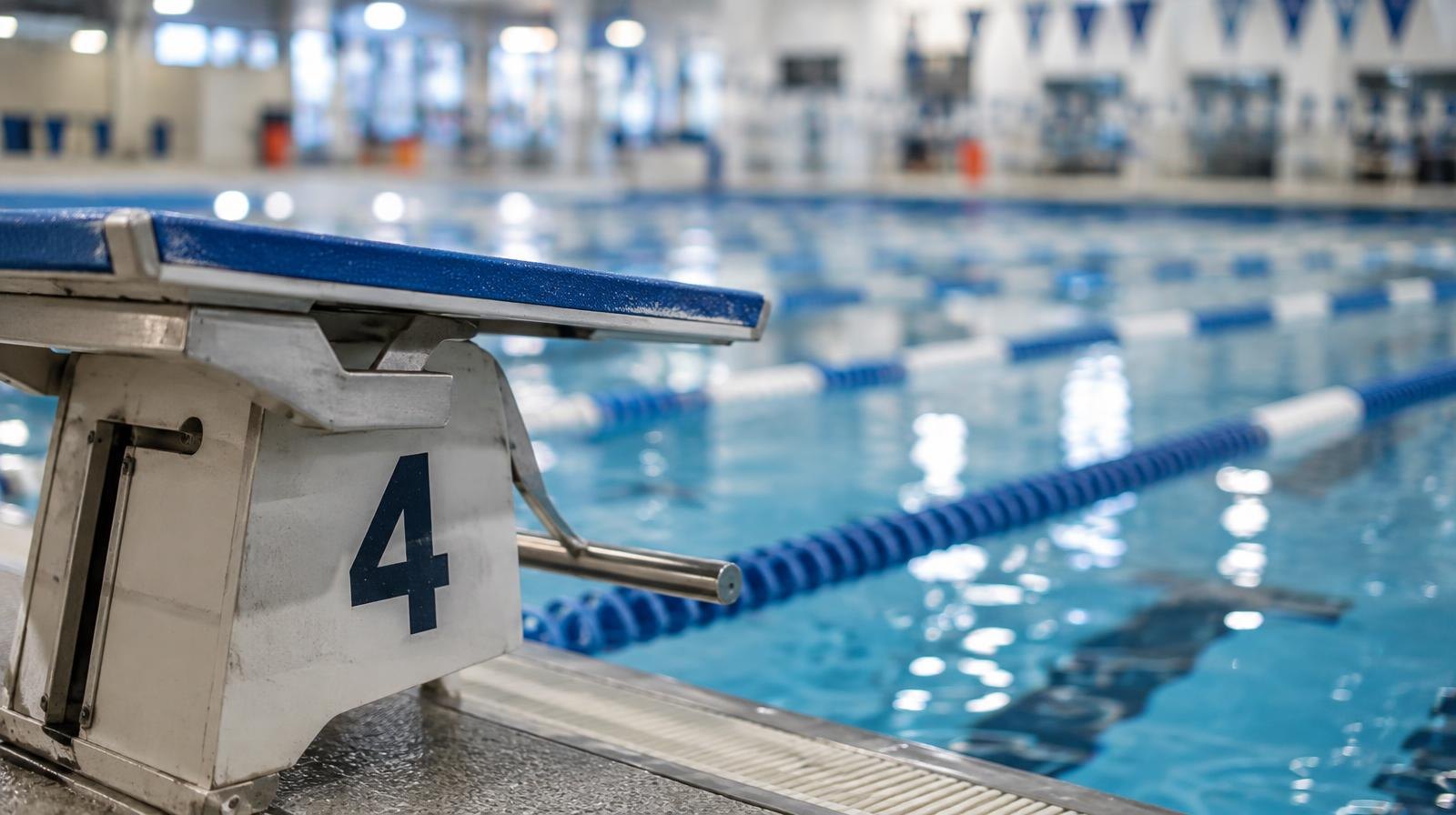 A swimming starting block at the edge of an indoor pool with lane lines visible.