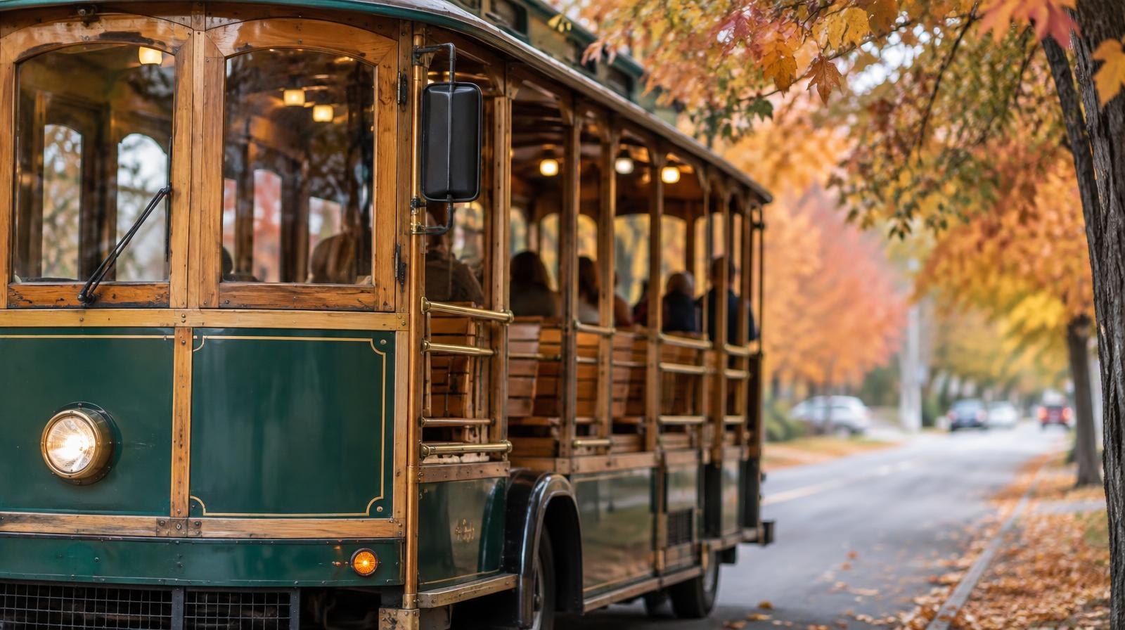 A classic open-sided trolley car on a tree-lined street with orange and gold autumn leaves.