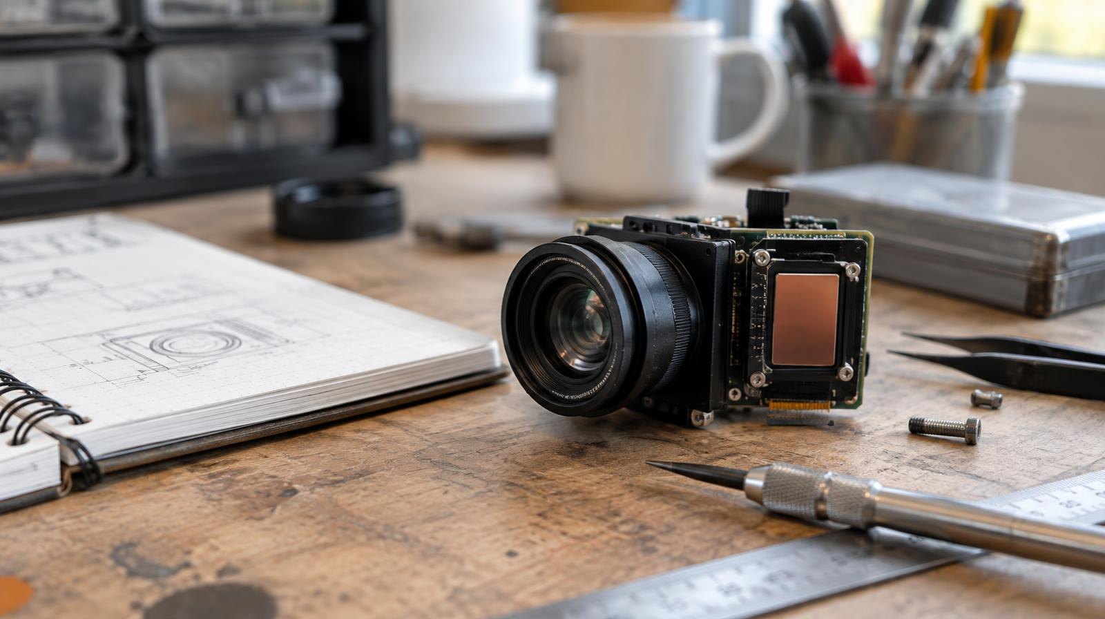 A small optical lens and sensor prototype on a workbench with engineering tools and sketches nearby.