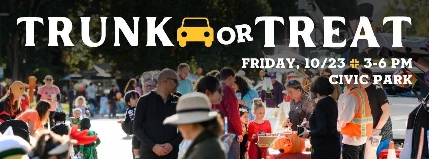 Event flyer for Trunk or Treat showing families at an outdoor park gathering