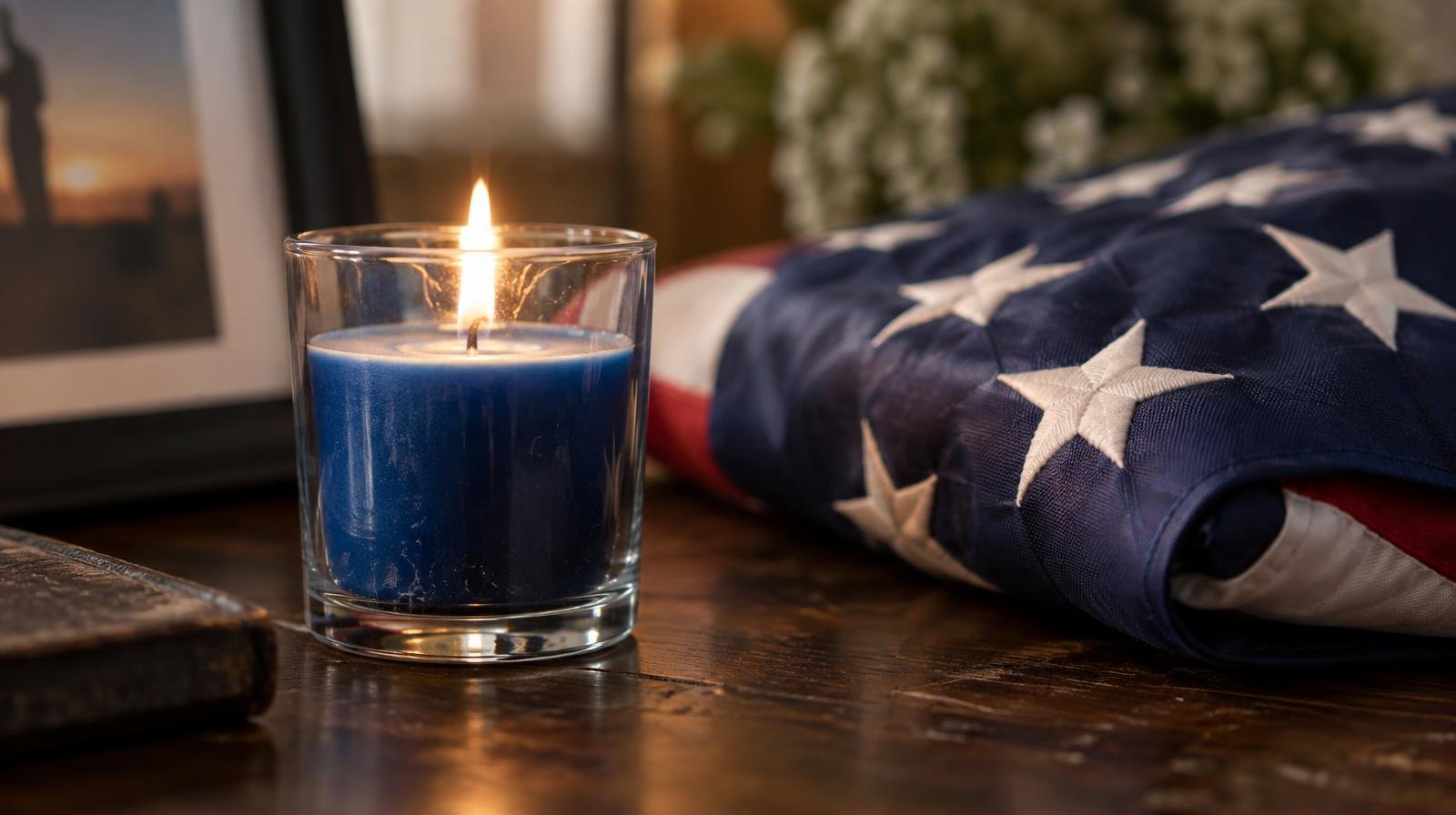 A lit blue candle in a glass holder beside a folded American flag on a wooden surface.
