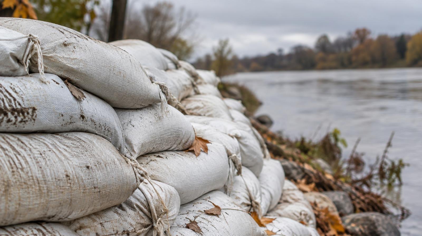 Rows of filled sandbags stacked along a riverbank on an overcast day.