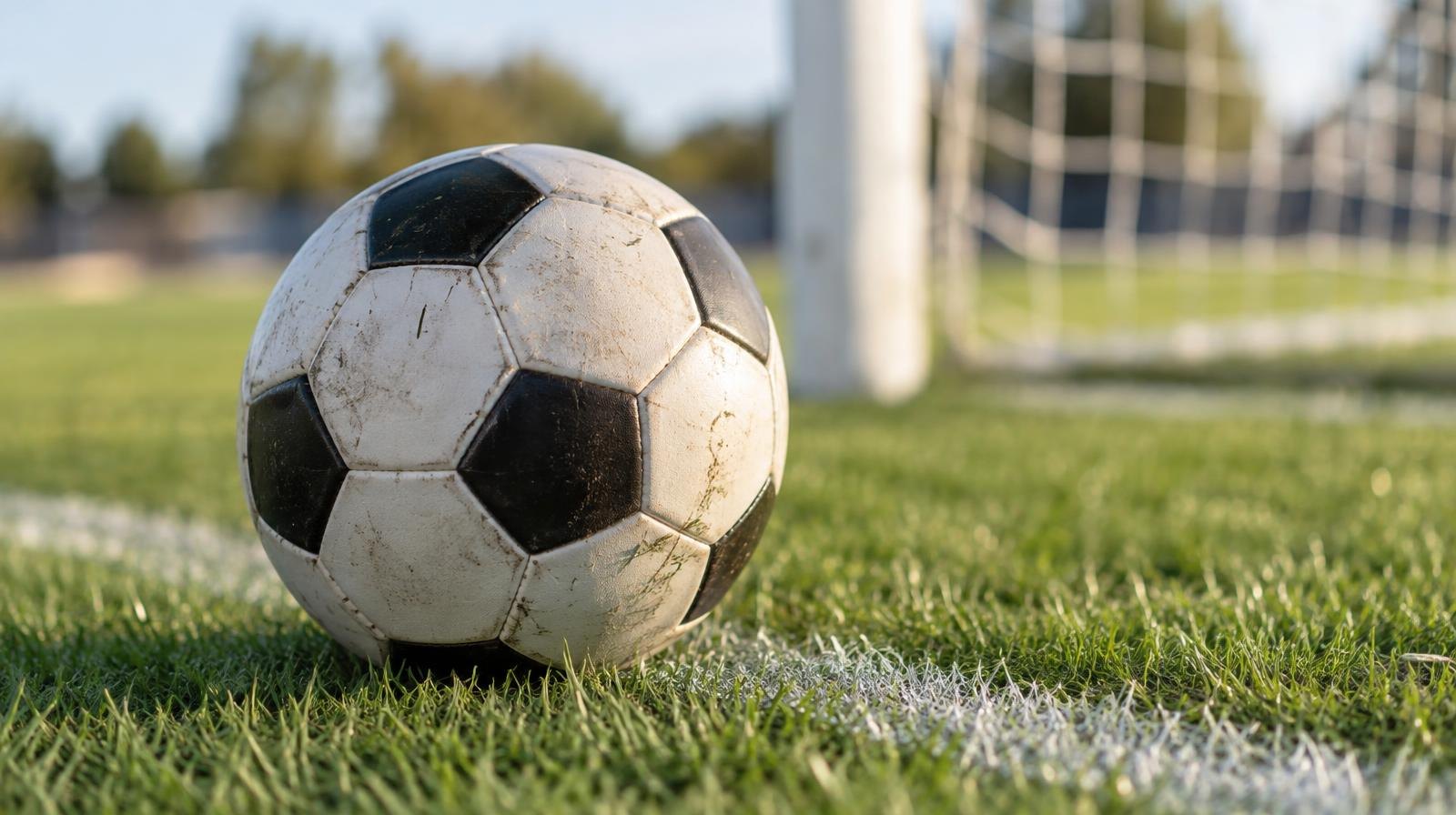A black-and-white soccer ball resting on green grass near a goal line.