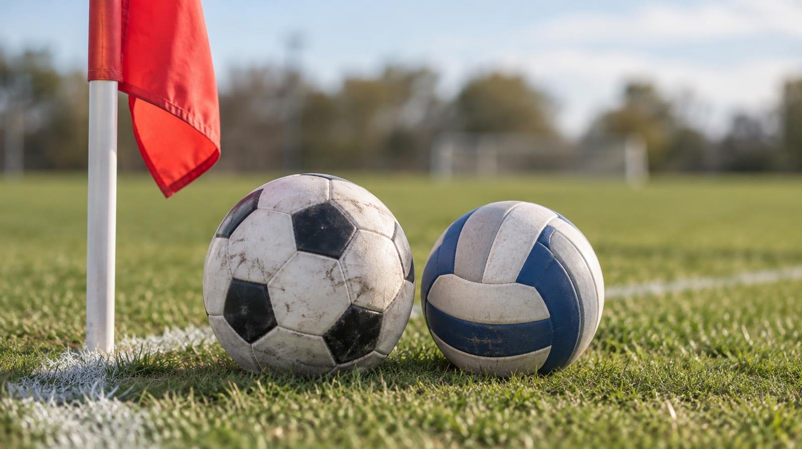 A soccer ball and volleyball resting together on green grass near a corner flag.