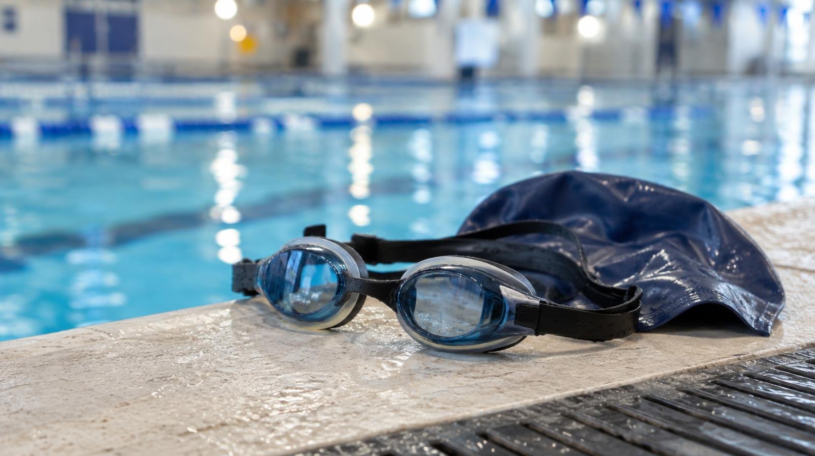 Swim goggles and a swim cap resting on the edge of a pool lane.