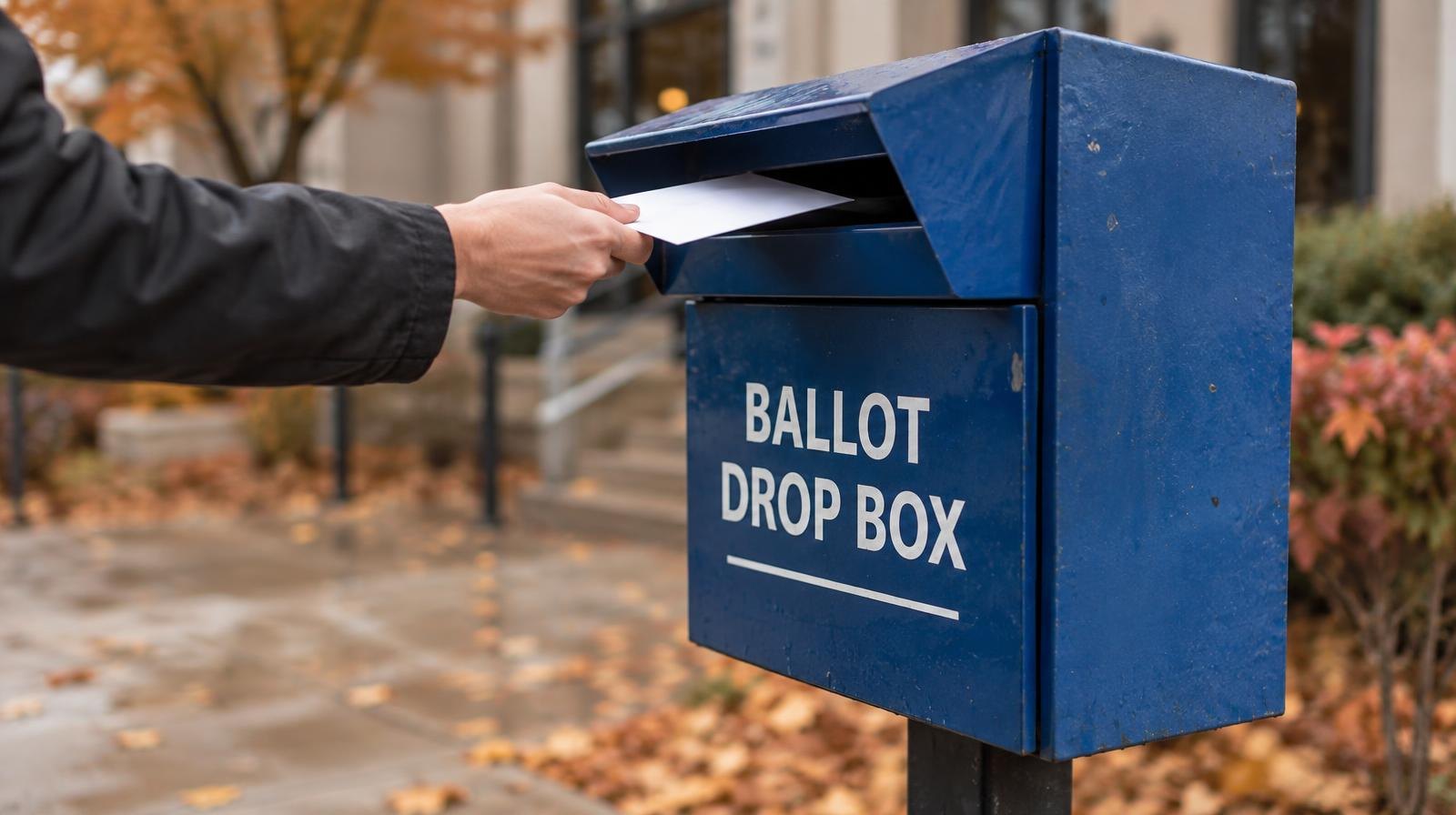 A metal ballot drop box mounted on a post with a mail slot.