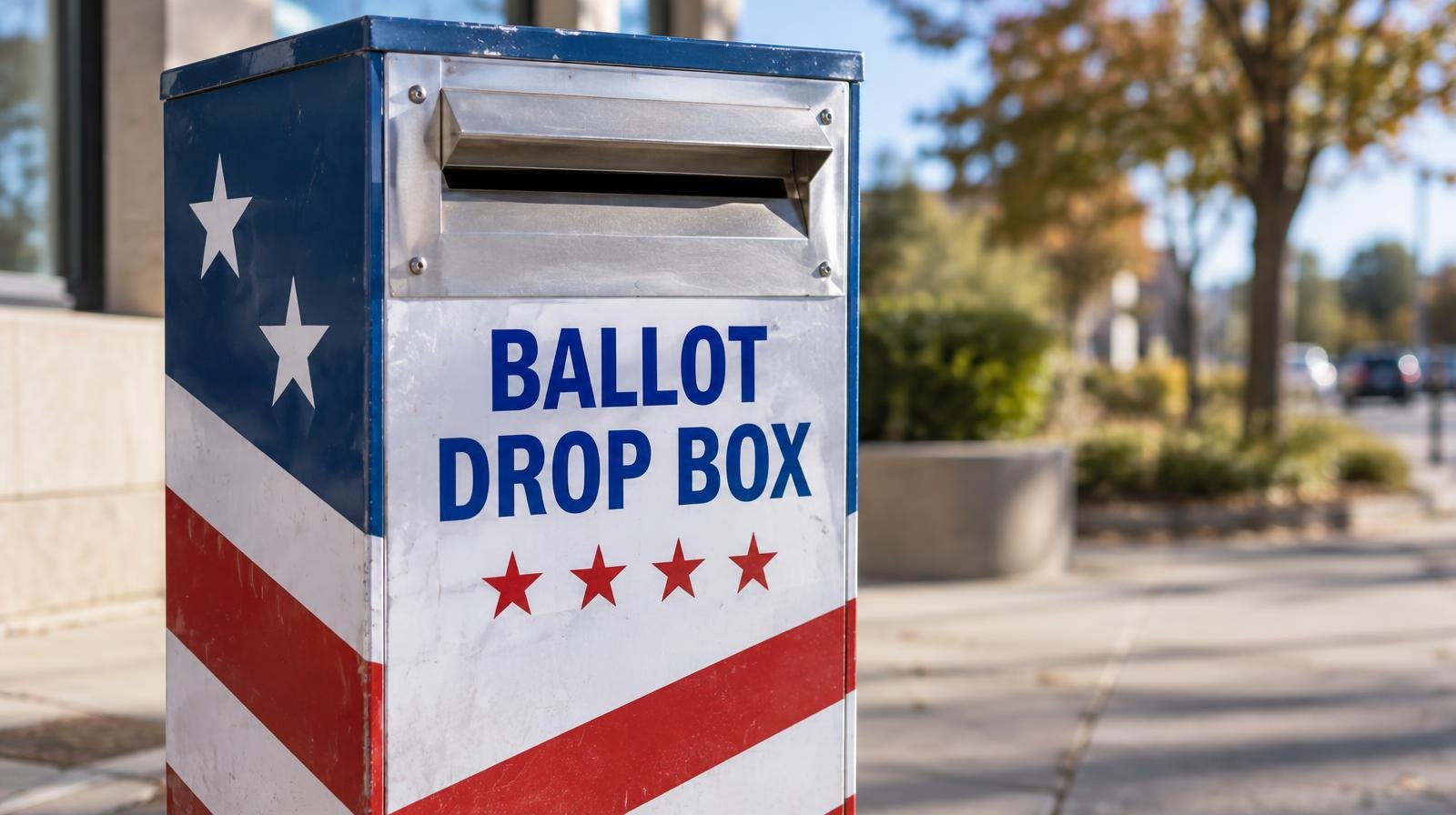 A red, white, and blue official ballot drop box with a metal slot on a sidewalk.