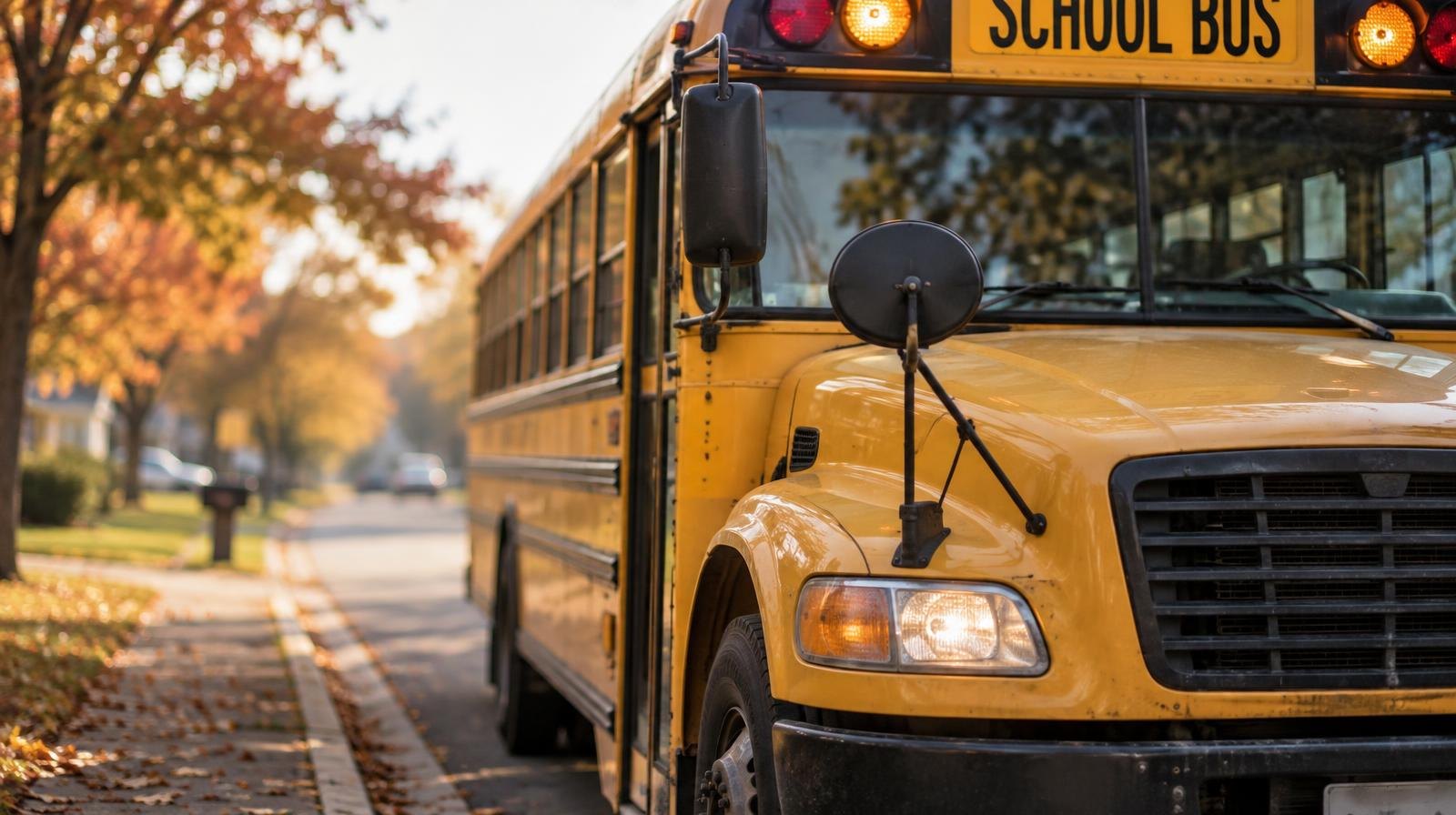 Yellow school bus parked at a curb on a quiet suburban street in autumn light.