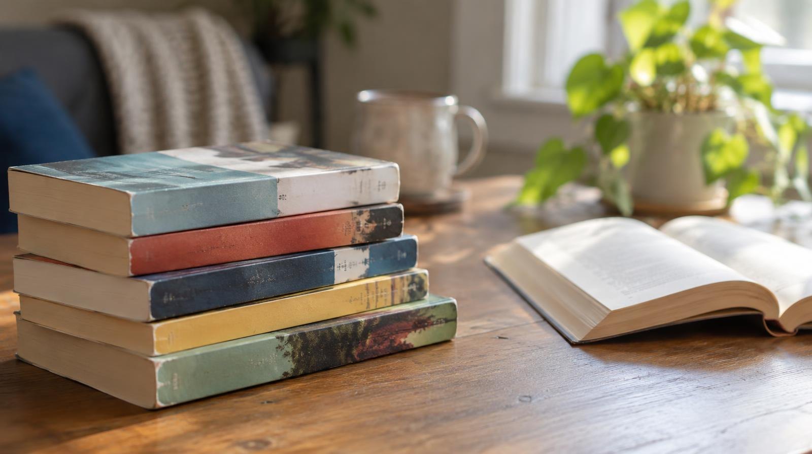 A small stack of colorful paperback books on a wooden surface, one open face-down.