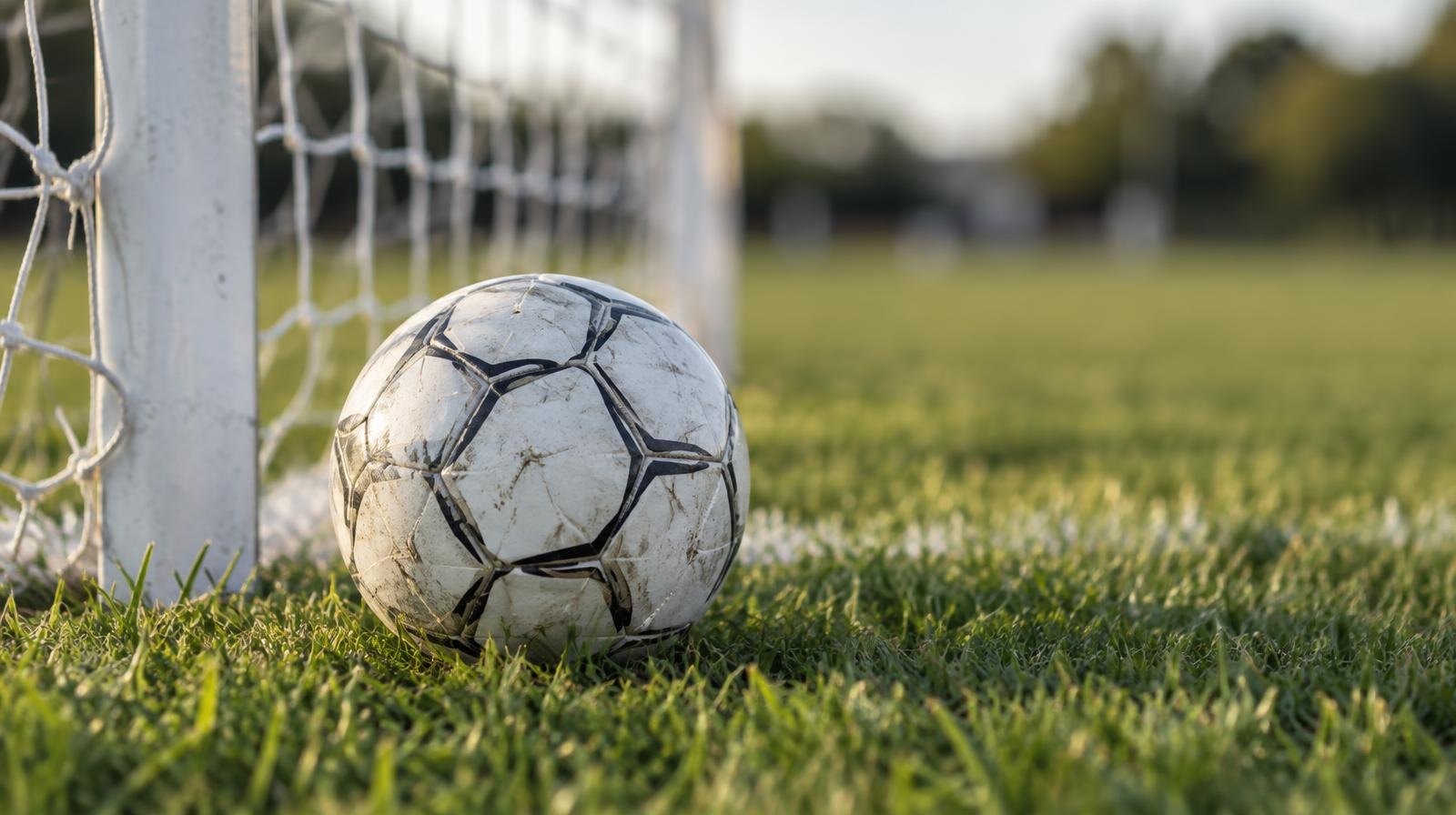 White soccer ball resting on green grass near the corner of a goal net.