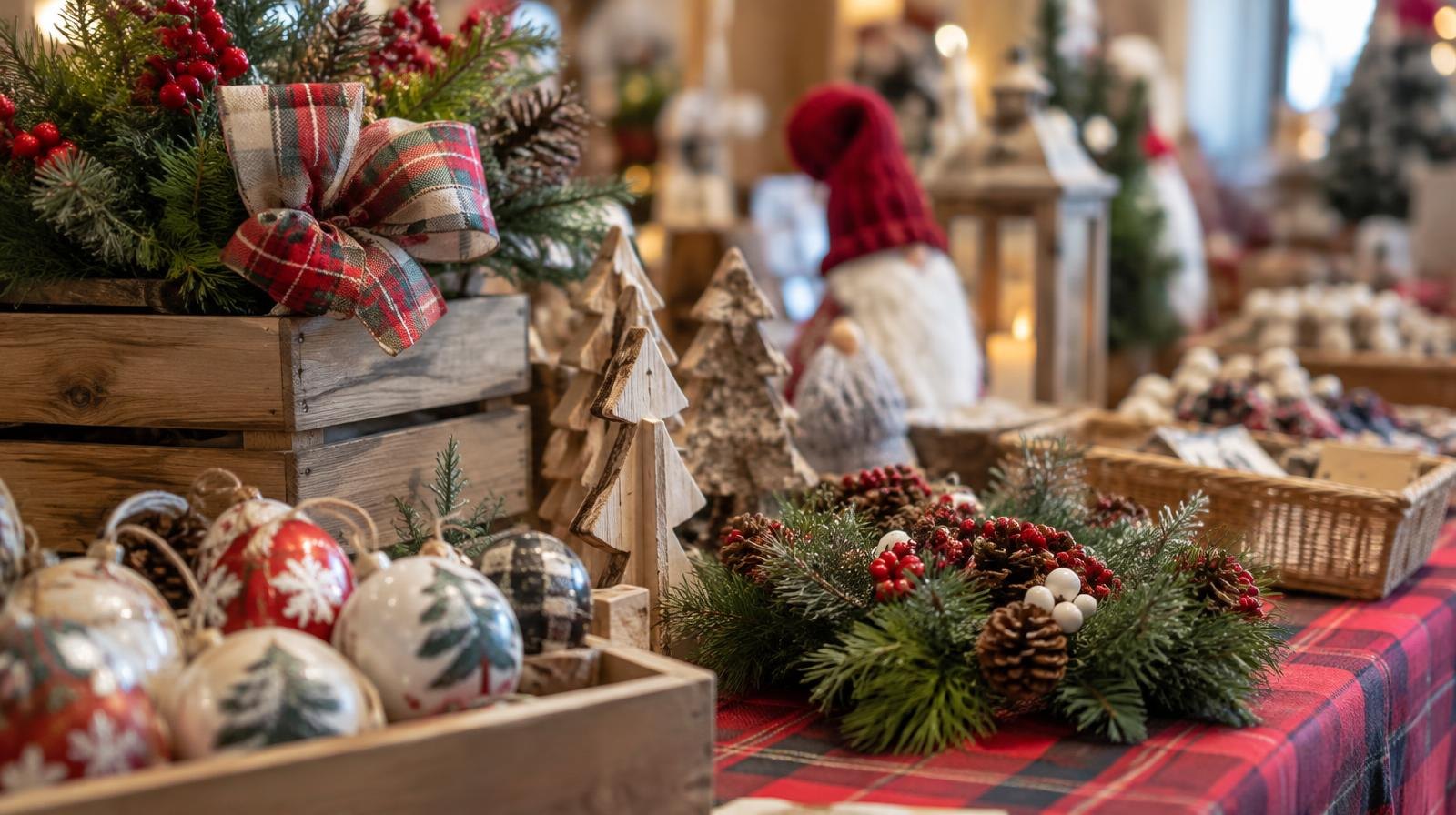 A table covered with handmade holiday ornaments, wreaths, and seasonal decorations.