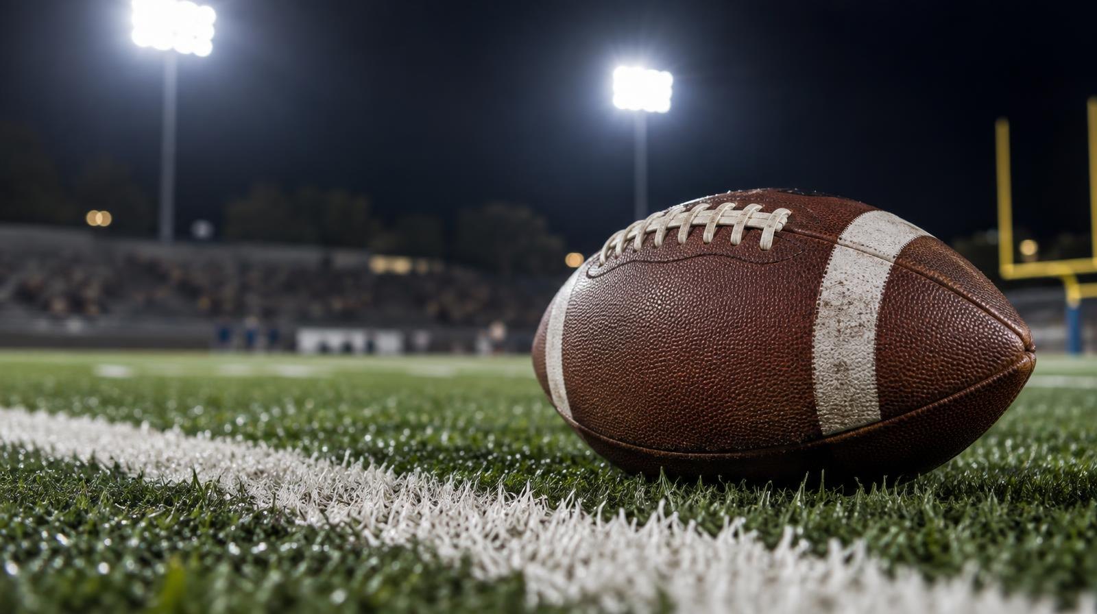 An American football on green turf beside a white yard line under bright stadium lights.