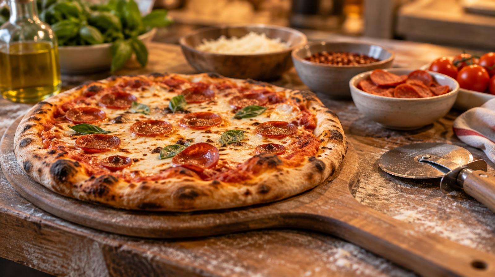 A whole baked pizza on a wooden peel on a flour-dusted counter with toppings nearby.