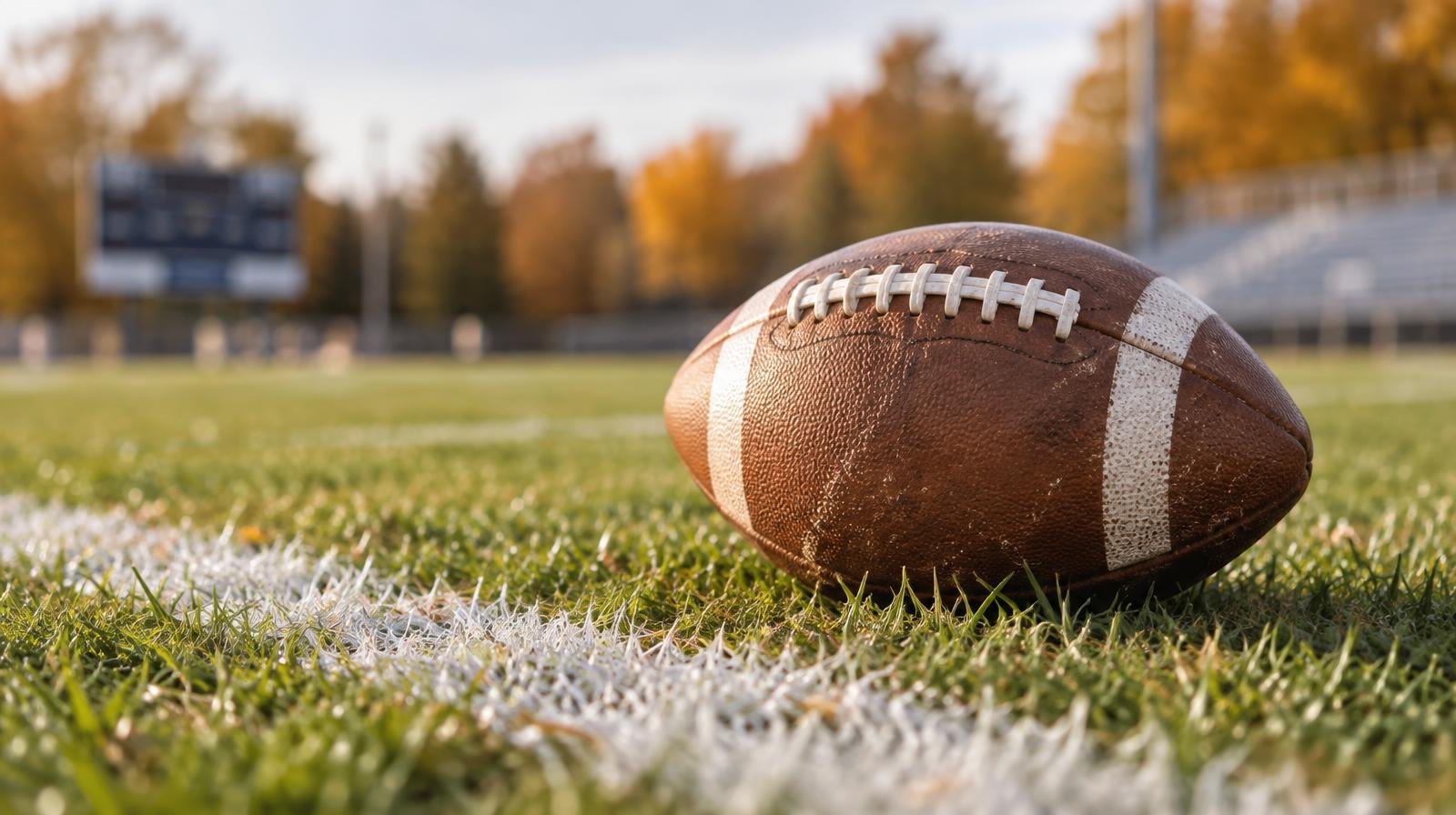 An American football resting on green grass beside a white painted yard line.