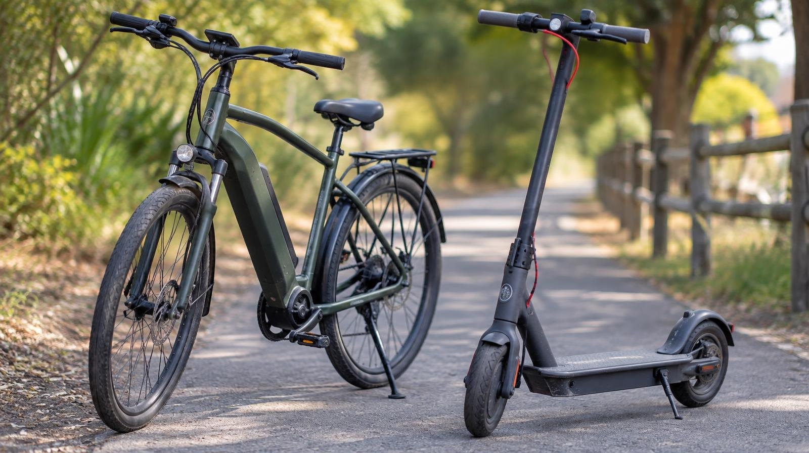 An electric bicycle and an electric scooter parked side by side on a paved path.
