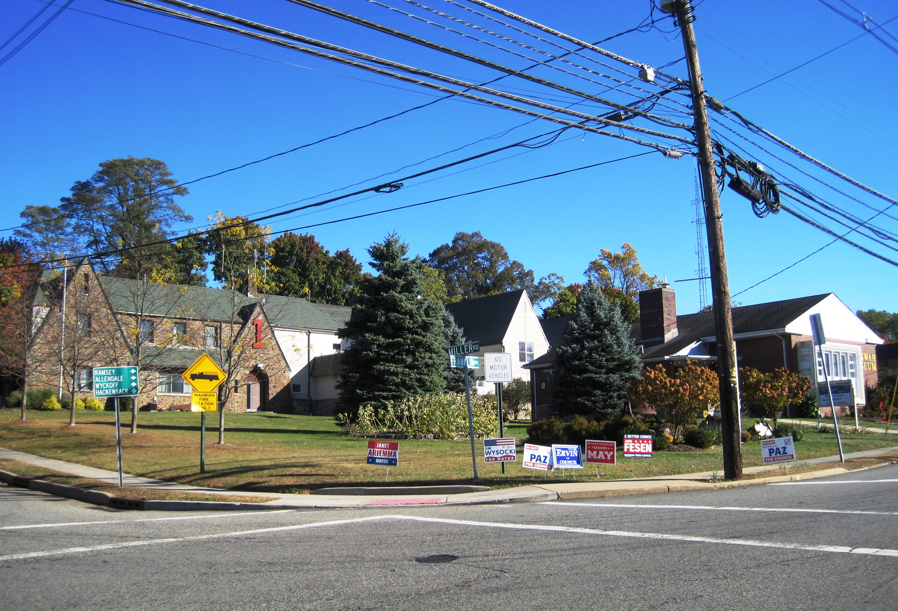 Multiple campaign yard signs placed along a roadside near a utility pole.