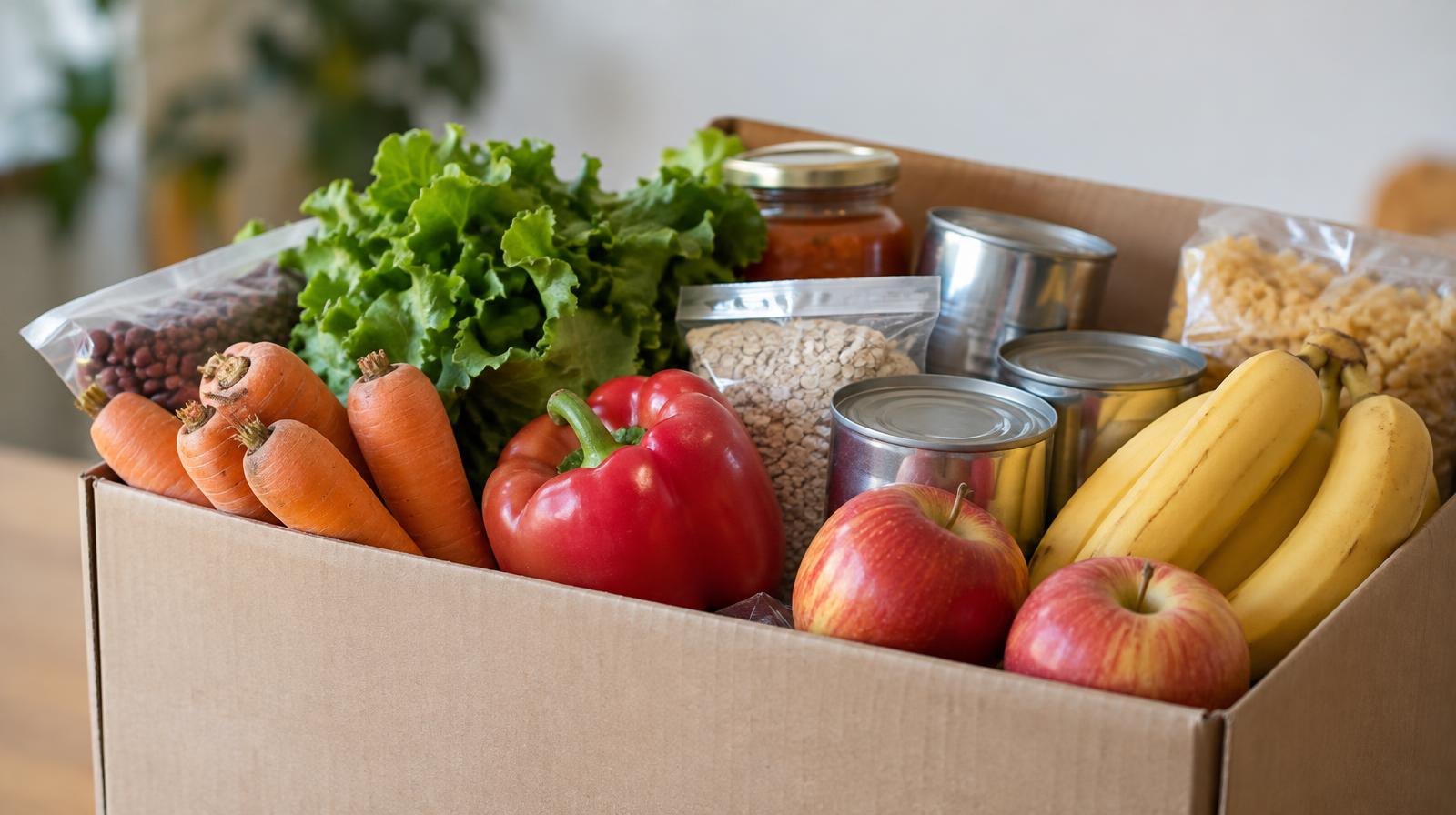 Cardboard box filled with fresh vegetables, canned goods, and packaged food on a plain surface.