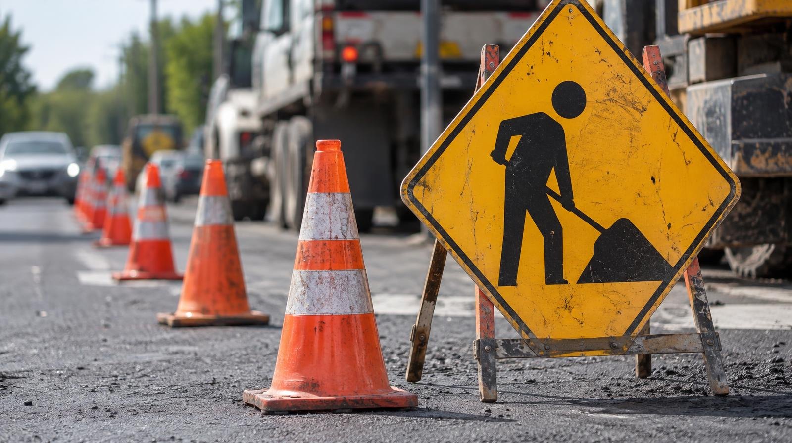 Orange traffic cones and a yellow construction sign on a freshly paved asphalt road.