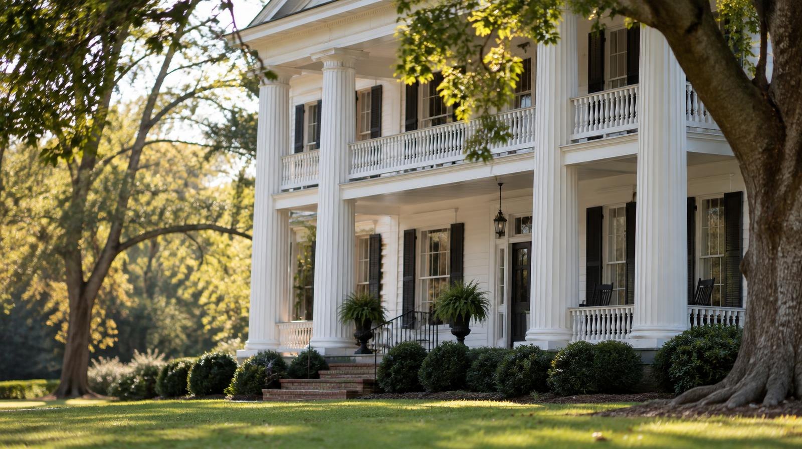 White-columned antebellum house with wide front porch surrounded by large trees.