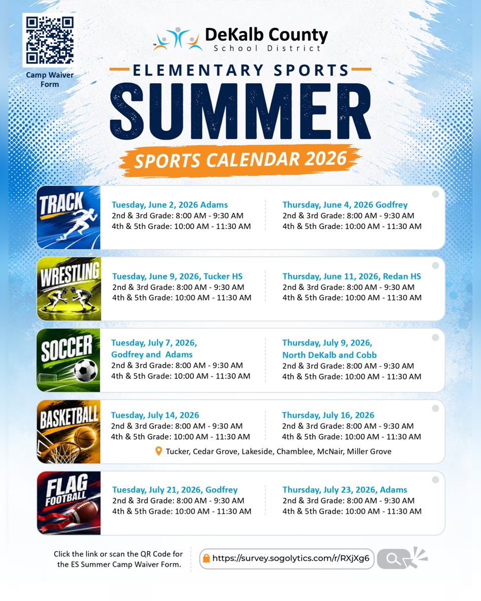 Flyer showing a summer sports calendar with five sports listed and grade-split time slots.