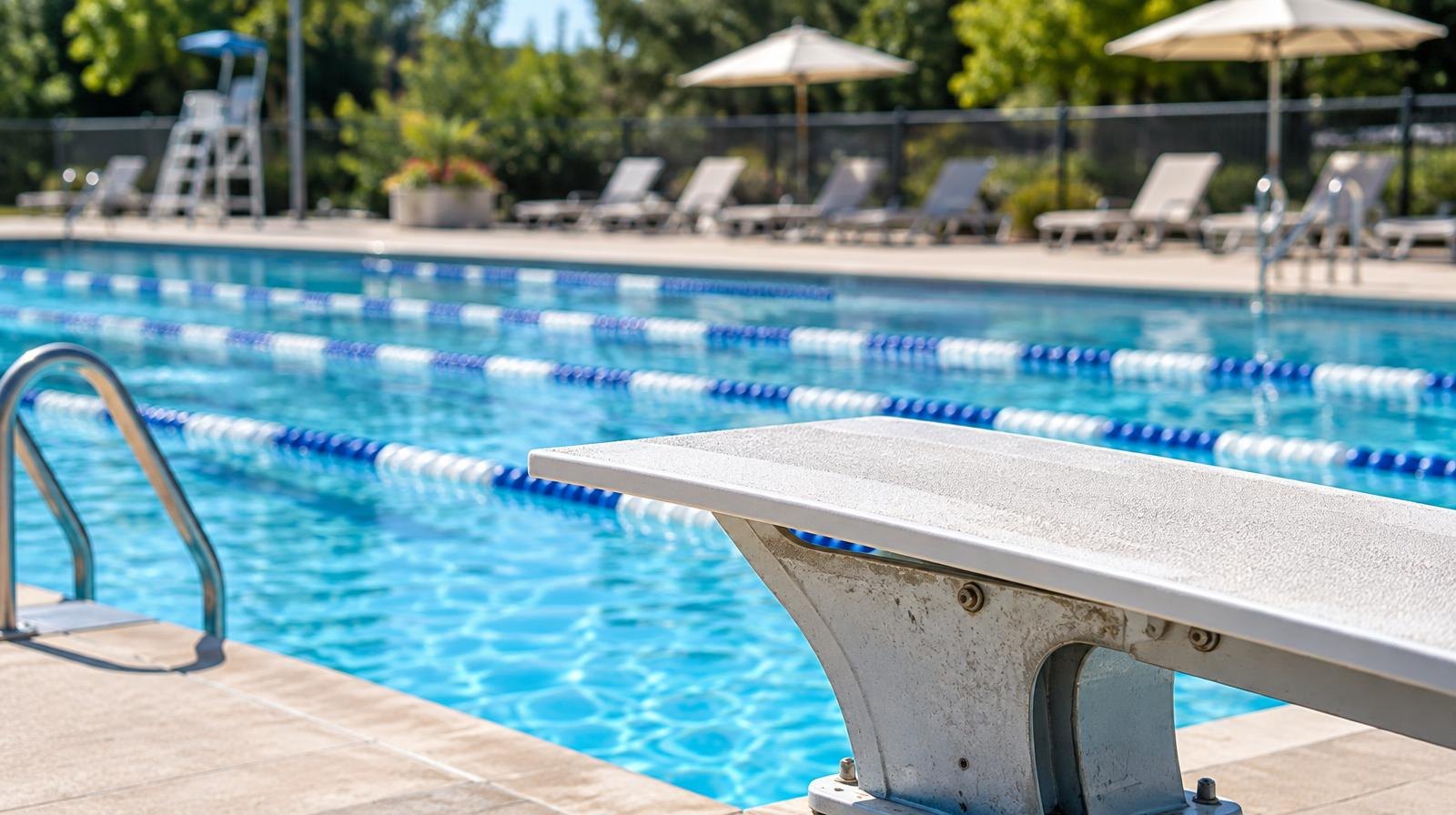 Outdoor swimming pool with blue water, lane dividers, and lounge chairs on a sunny day.