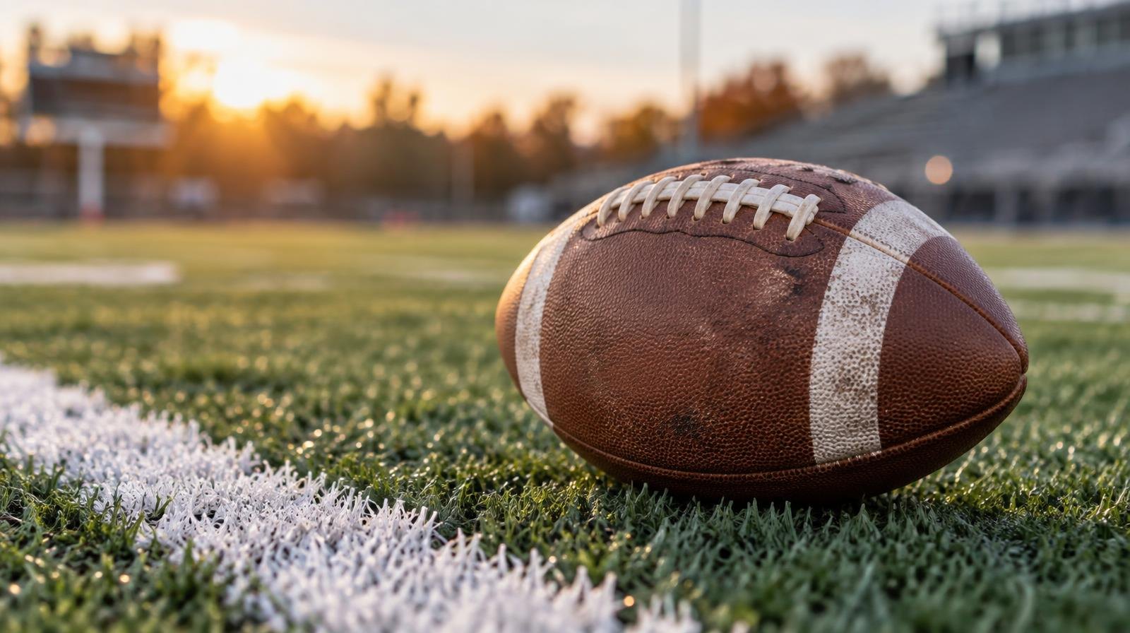 An American football resting on green artificial turf beside a white yard line.